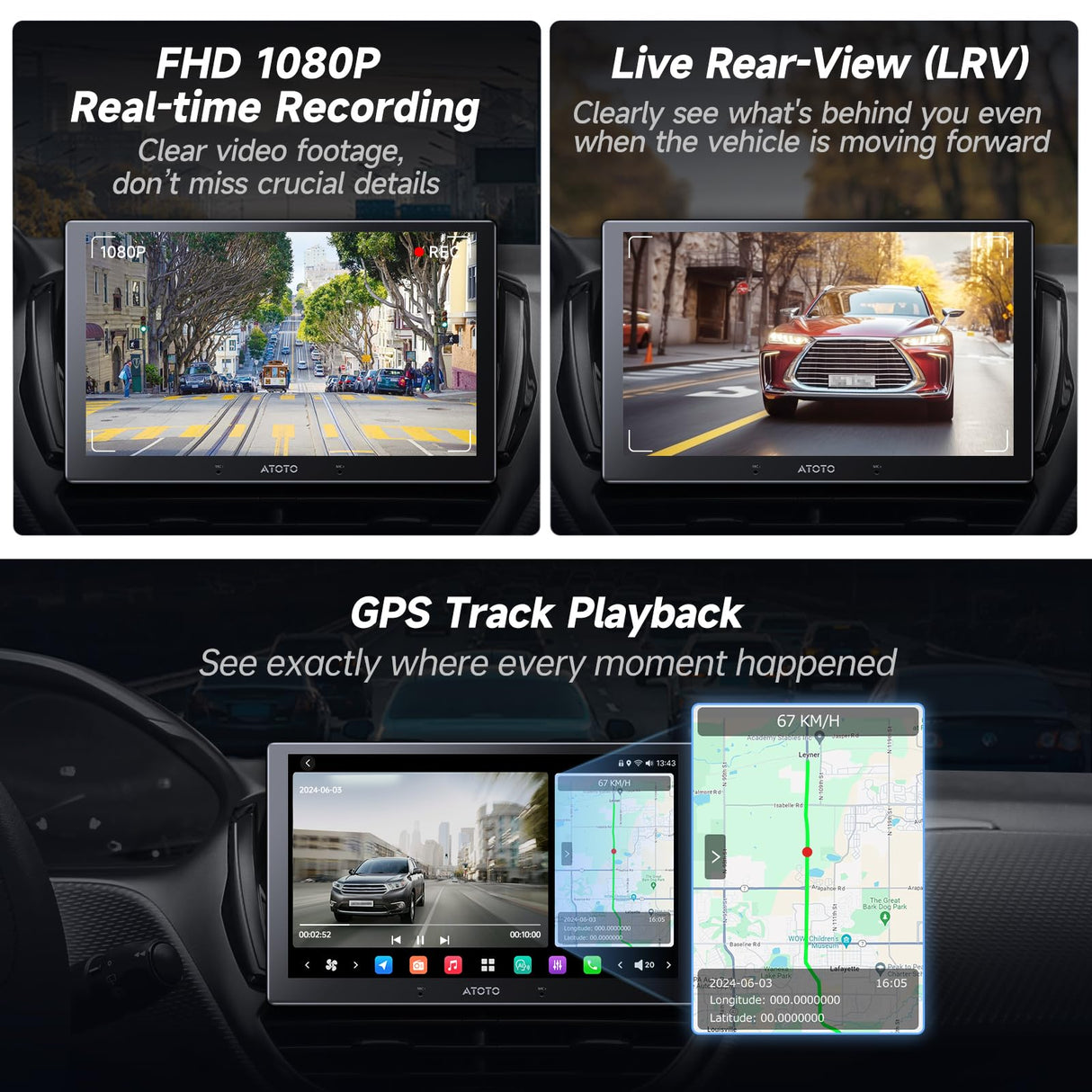 ATOTO AC-FHD02LR Telecamera per Auto Retromarcia 1080P con Registrazione, WDR, Visione Notturna, LRV, Traccia GPS, IP67 Impermeabile, Soppressione Luce, Registrazione Loop, per Serie X10