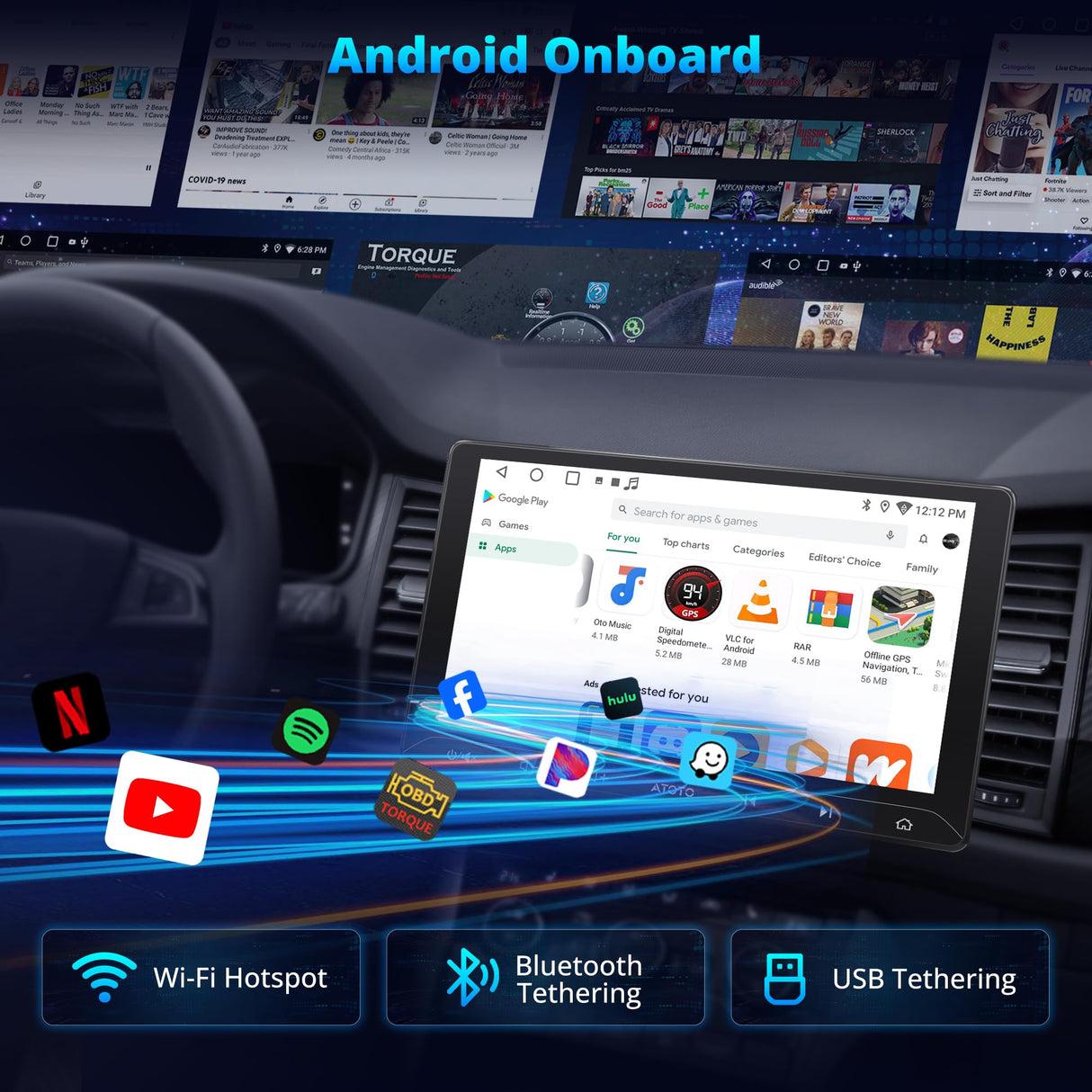 ATOTO A5LG211T 10.1" Android Double Din Radio with Wireless CarPlay/Android Auto, LRV Backup Camera & DVR Dashcam, WiFi/Bluetooth/USB Tethering, 2+32GB, 24-Band EQ & DSP, SWC/FM, MirrorLink, AI Chat