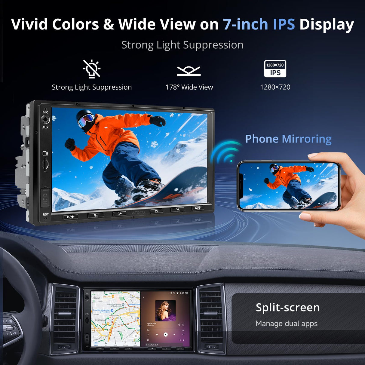 ATOTOZONE 7inch Android Double DIN Car Stereo & Backup Camera, Wireless CarPlay& Android Auto Touchscreen Head Unit, WiFi/Bluetooth/USB, 2G+32G,MirrorLink, 24B-EQ DSP, FM/AM/SWC,GPS Tracking &AI Chat