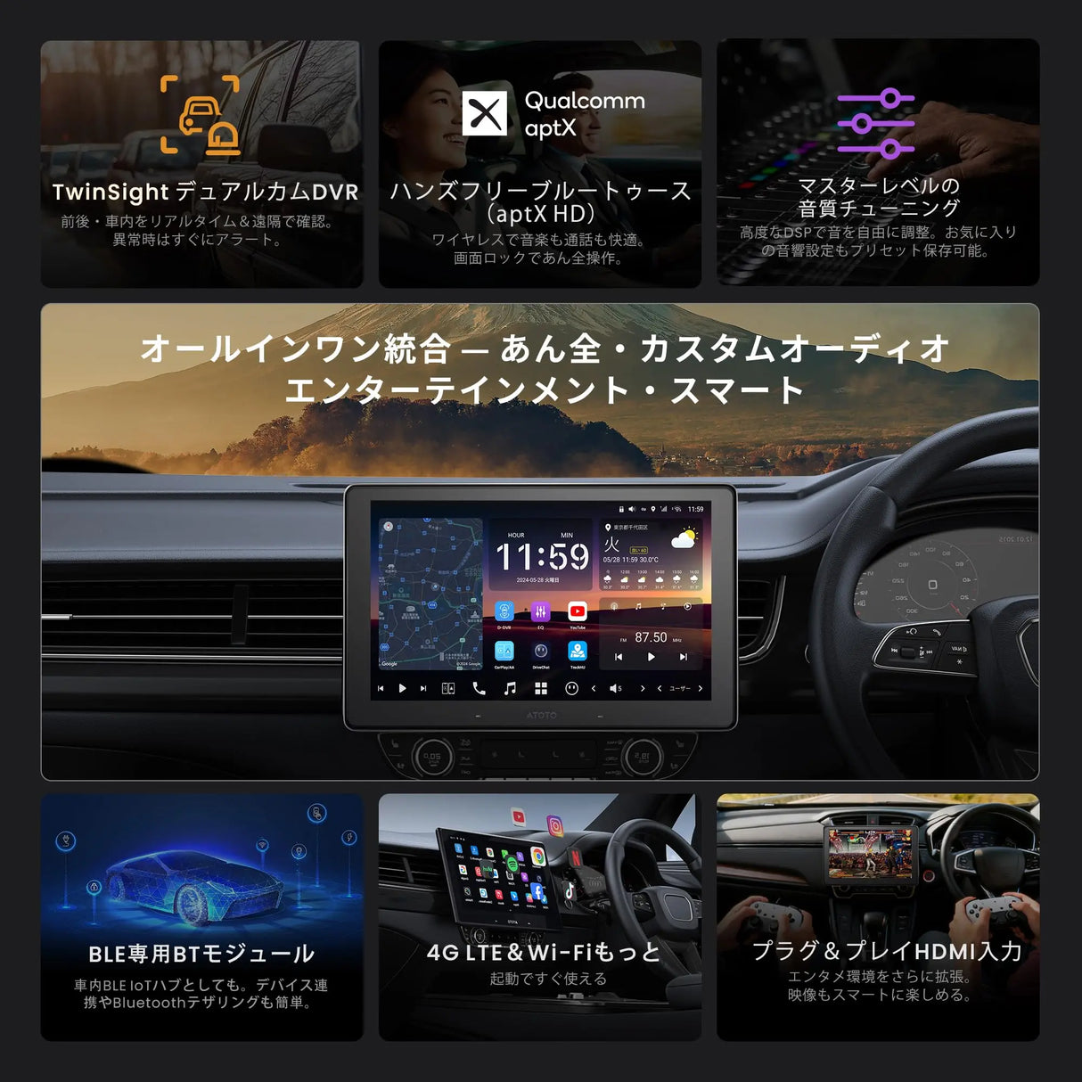 ATOTO X10G110E-R3 10.1インチ AI Android ディスプレイオーディオ(1DIN/2DIN対応)2カメラ同時録画・無線CarPlay/Android Auto・4G LTE SIM対応・7.1.2ch/36バンドEQ・HDMI入力・ハイボルトRCA・8G+128G・デュアルBluetooth