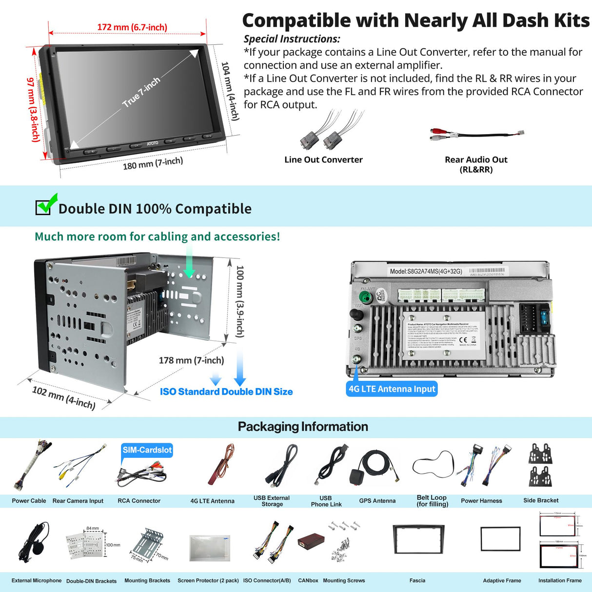 ATOTO S8VW07A4MS 7 Pulgadas Radio 2 DIN Android Compatible con VW Volkswagen/Golf/Polo/Passat, Carplay inalámbrico y Android Auto inalámbrico, 2 Bluetooth, 4G, HD LRV, 4G+32G, para Globale