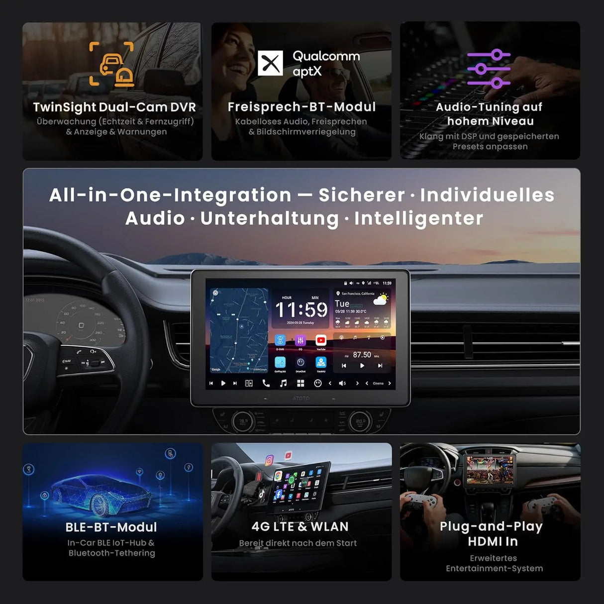 ATOTO X10G209E 9 Zoll Double Din Autoradio – Front- & Rückfahrkamera-Eingang 1080P, QLED Touchscreen, 8GB+128GB Android Autoradio, Wireless CarPlay & Android Auto, 4G LTE, Wi-Fi, Bluetooth, USB, DSP, AMP, Subwoofer, GPS