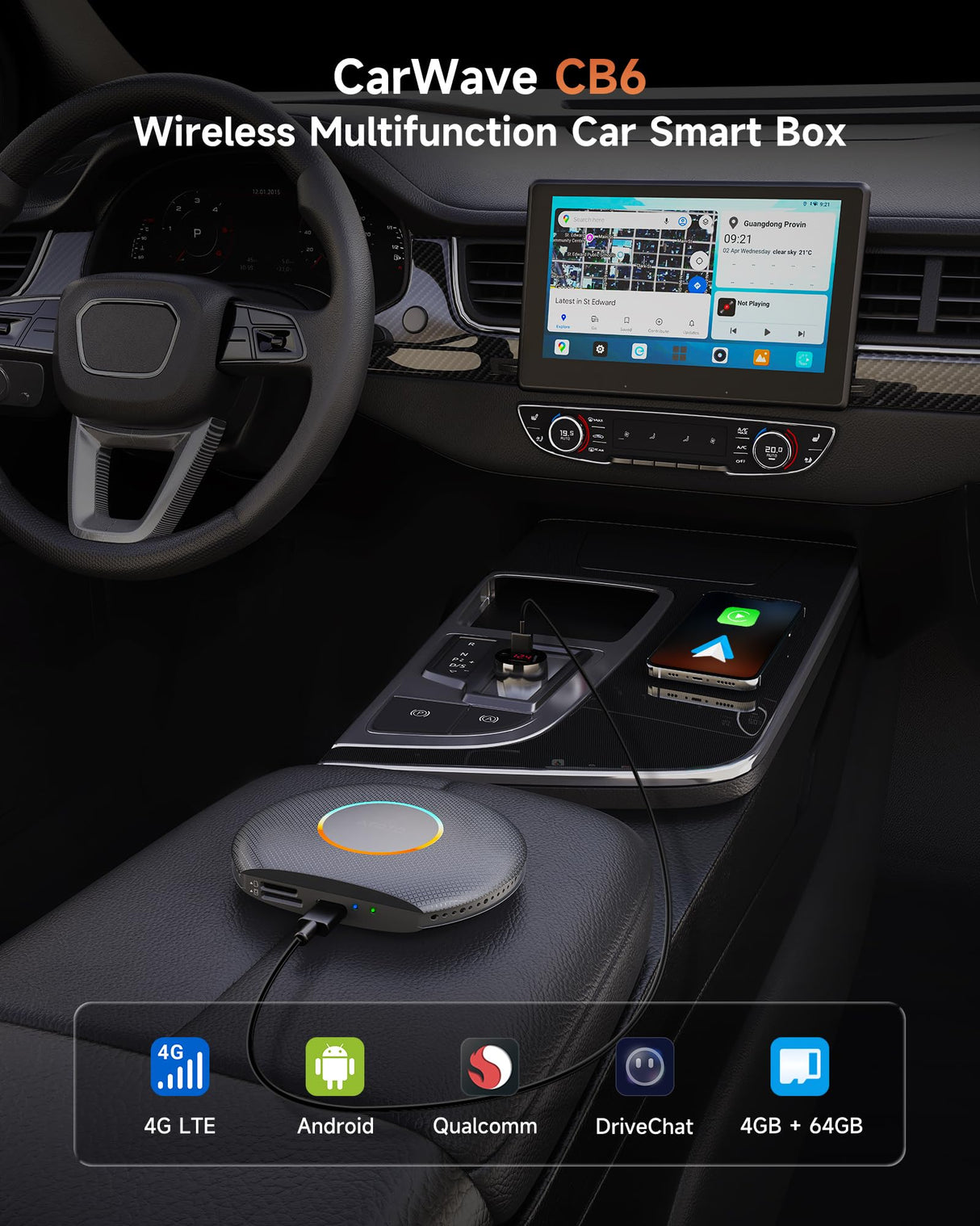 ATOTO CB6A Wireless CarPlay Adapter (2025 Upgrade) CarPlay AI Box with Plug & Play, DriveChat, GPS, Android 13, 4G LTE, Dual Bluetooth, YouTube Support, 4G+64G