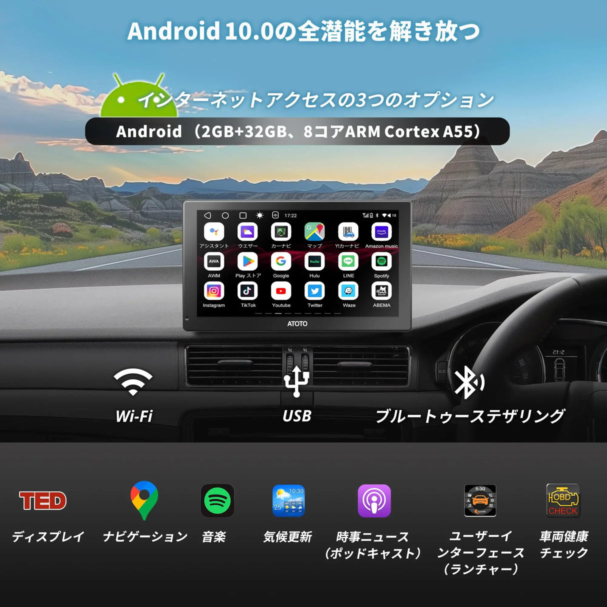 CarPlay/Android Autoワイヤレス対応 9インチ携帯型ラジオカーステレオ、2G+32GB アンドロイドヘッドユニット、1280*720 HD QLEDタッチスクリーン、Bluetooth、FM、Wi-Fi、ミラーリンク、GPS カーナビ カープレイディスプレイ オーディオオートバックス、カーオーディオレシーバー、マルチメディアシステム (P9SD)