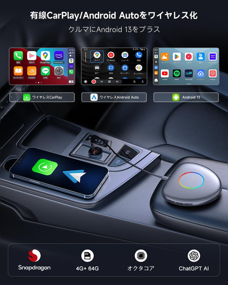 ATOTO CarWave CB6C ワイヤレスアダプター Android AIボックス、iPhone & Android Auto対応、ChatGPT搭載、 車載用ビデオストリーミング (YouTube・Netflix・TikTok) | 4G LTE, 4GB+64GB, プラグ&プレイ