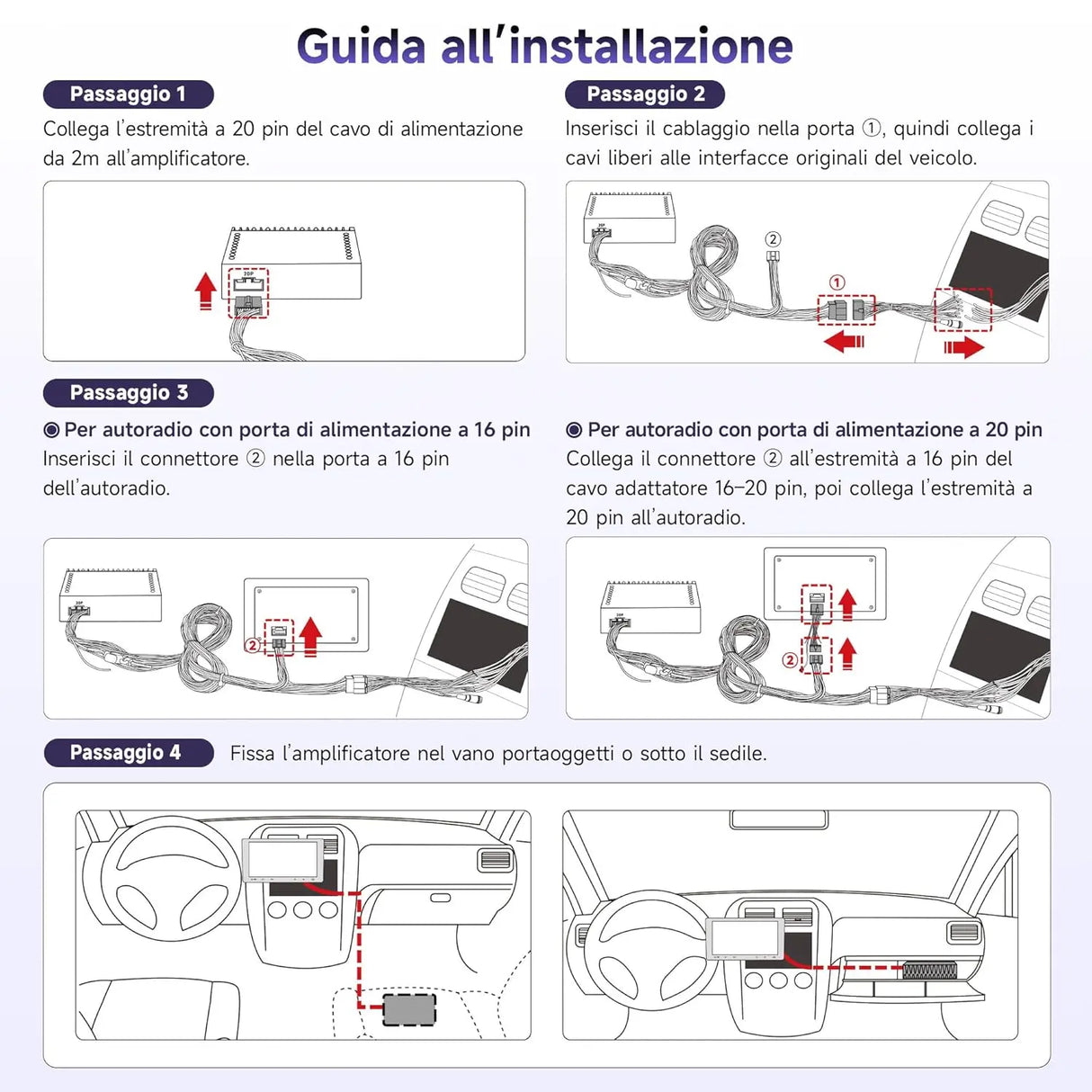 ATOTO CA-AEC122DL Amplificatore Auto 4x60W RMS, 4 Canali, Classe D TI TPA3221, EQ Personalizzabile, Compatto, Cavo Alimentazione 2m, Compatibile con Stereo ATOTO