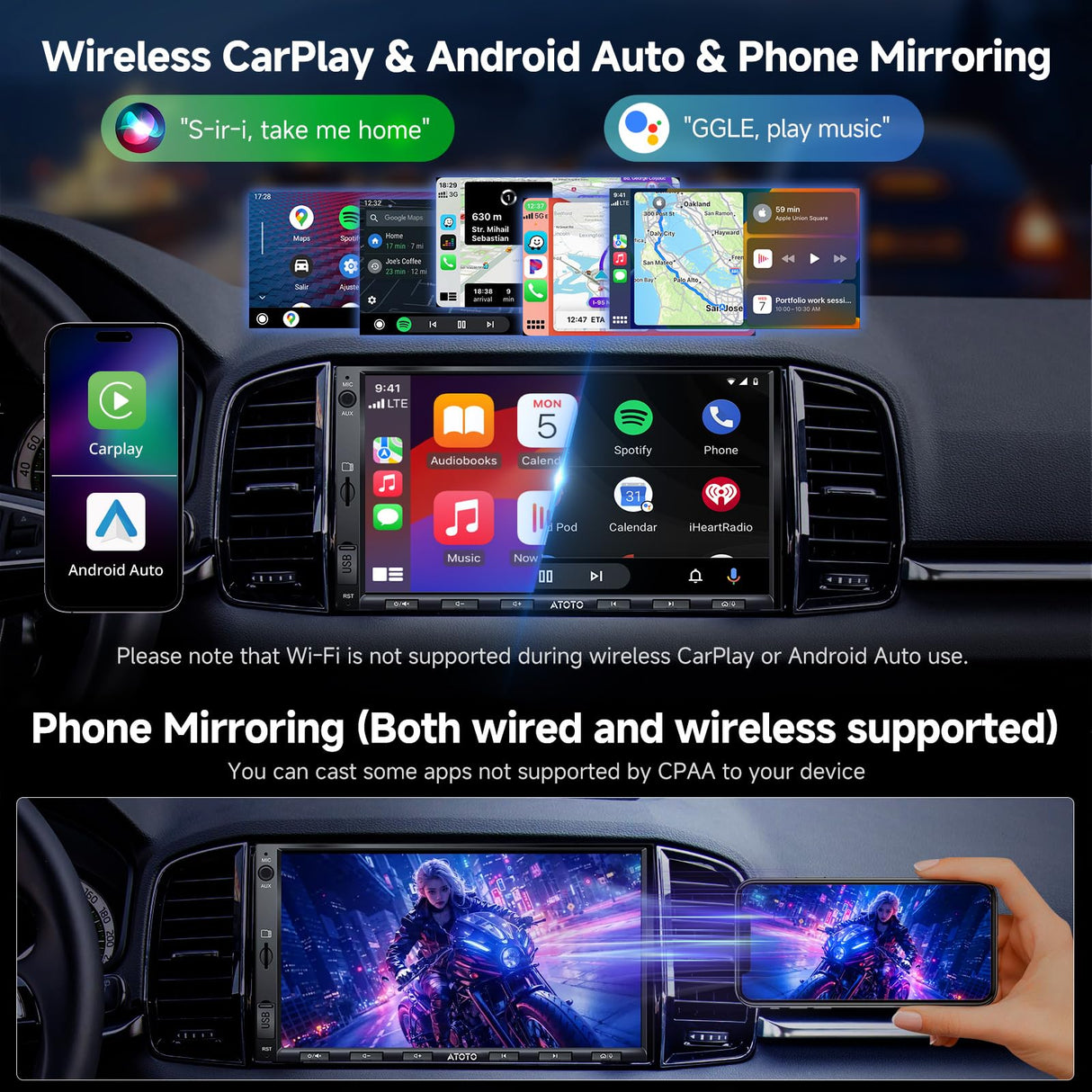 ATOTO A5LG2A7T 7" 2 DIN Autoradio mit Rückfahrkamera, Android, Touchscreen Digital Media Receiver, Wireless CarPlay und Android Auto, WiFi/Bluetooth/USB Tethering, MirrorLink, 24-Band EQ DSP