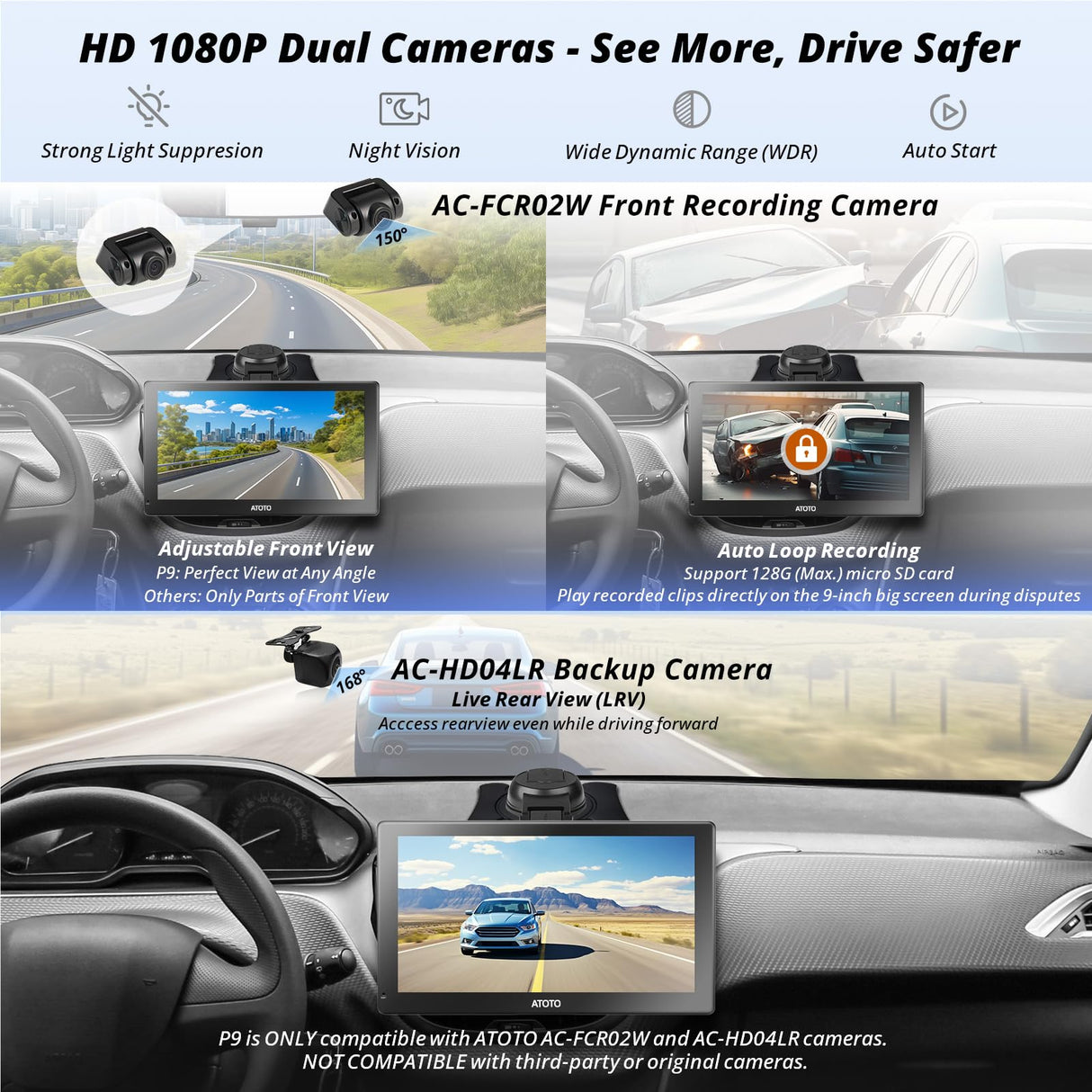 ATOTO 9" GPS Navigation, Dashcam, Backup Camera, Wireless CarPlay and Android Auto, 4G+32G, Dual Bluetooth, WiFi, Android System, In-Dash GPS Navigation