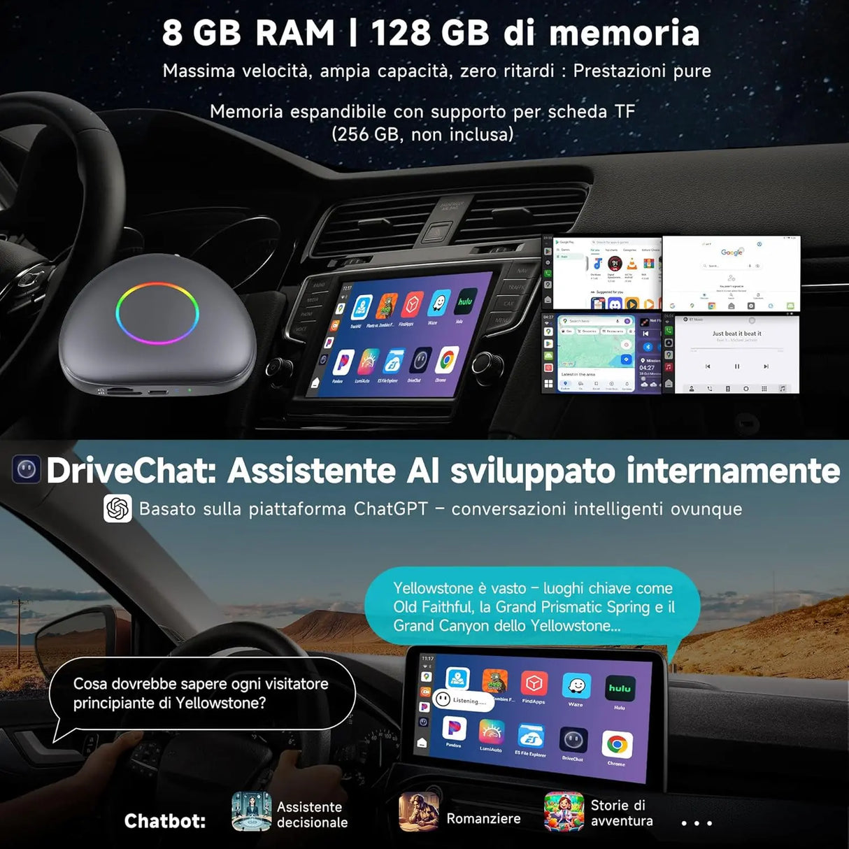 ATOTO CB6 Adaptateur CarPlay Sans Fil avec Mini OBD II – Boîtier CarPlay IA, 8 Go+128 Go Boîtier Streaming Voiture avec 4G, Double Bluetooth, USB, GPS Intégré, Assistant IA, microSD, OTA