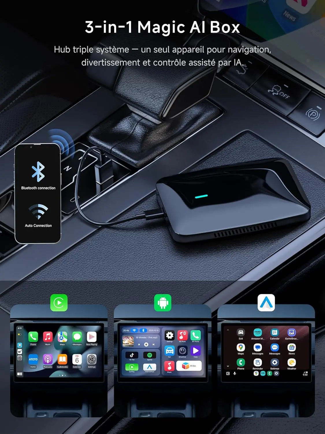 ATOTO CB6 Adaptateur CarPlay Sans Fil & Android Auto - Boîtier AI Bluetooth 4+64GB, GPS, Compatible Voiture, Siri, Google Assistant