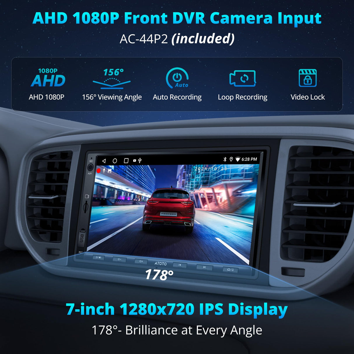 ATOTO A5LG2A7T Double Din Car Stereo 7" 1280x720 IPS Touchscreen, 1080P Front DVR Camera, Wireless CarPlay & Android Auto, WiFi, BT Tethering, MirrorLink, 24-Band EQ, 2GB+32GB