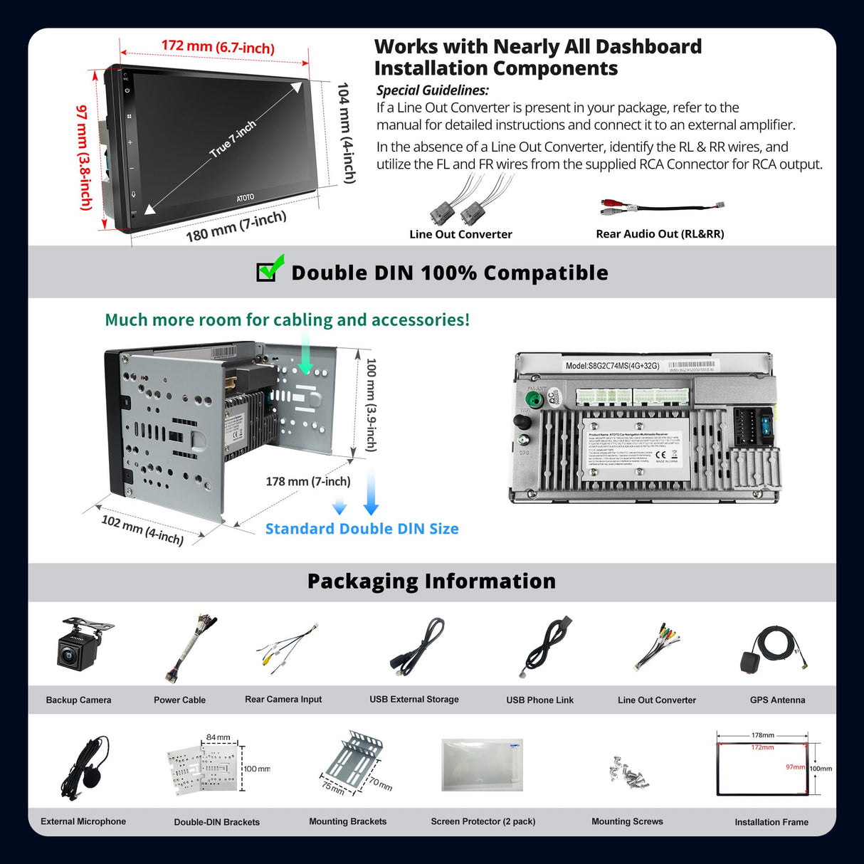 ATOTO A6G2C7PF 7" Double Din Car Stereo with Backup Camera, 8-Core Android Head Unit, Fully Laminated Screen, Wireless CarPlay & Android Auto, ChatGPT, GPS Navigation, LRV, WiFi/BT/USB