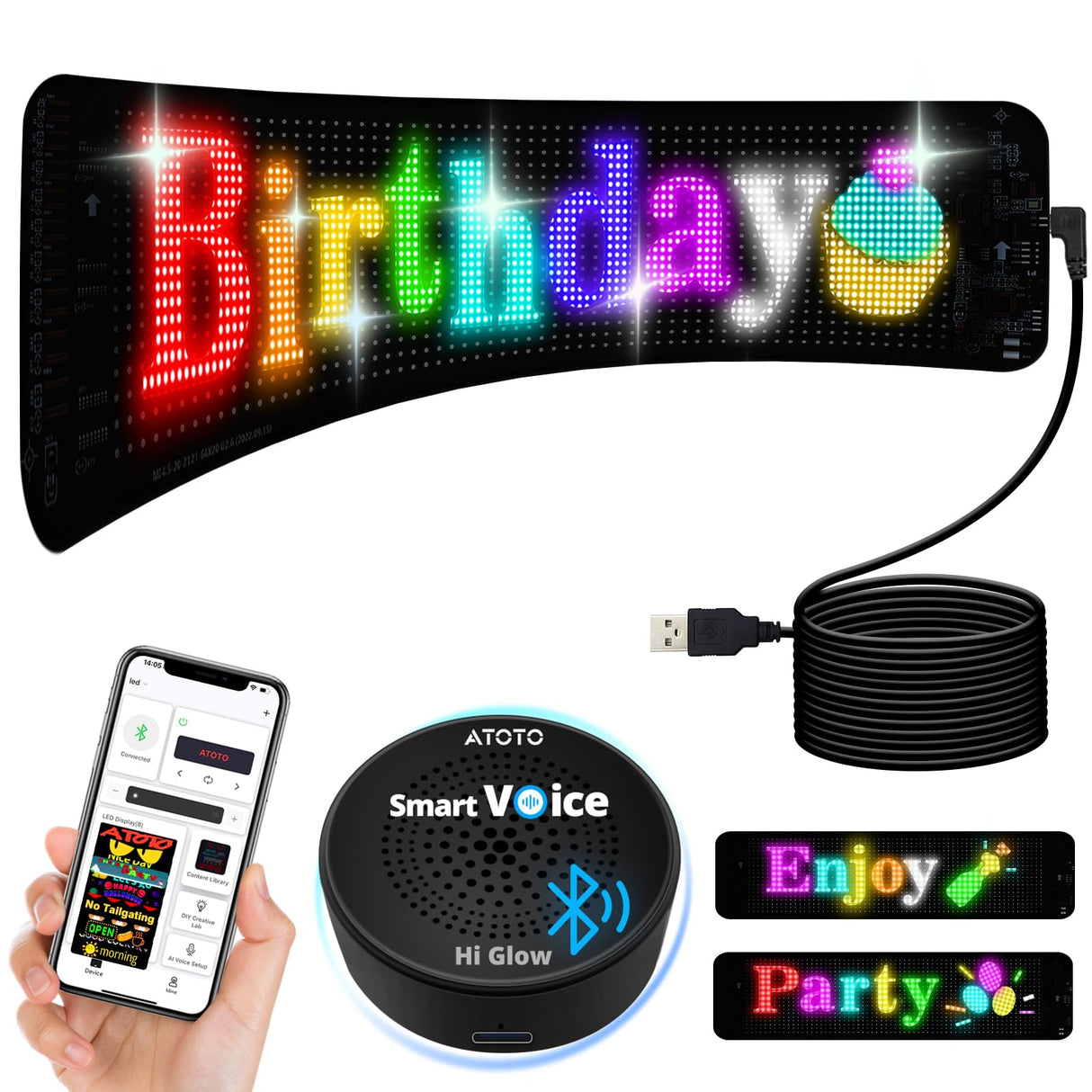 ATOTO CI-VIALD19 19.4" x 4.3" Programmable LED Car Sign – Flexible USB 5V Display, AI Voice & App Control, Custom Text & Animation, Scrolling Digital Sign for Car Window