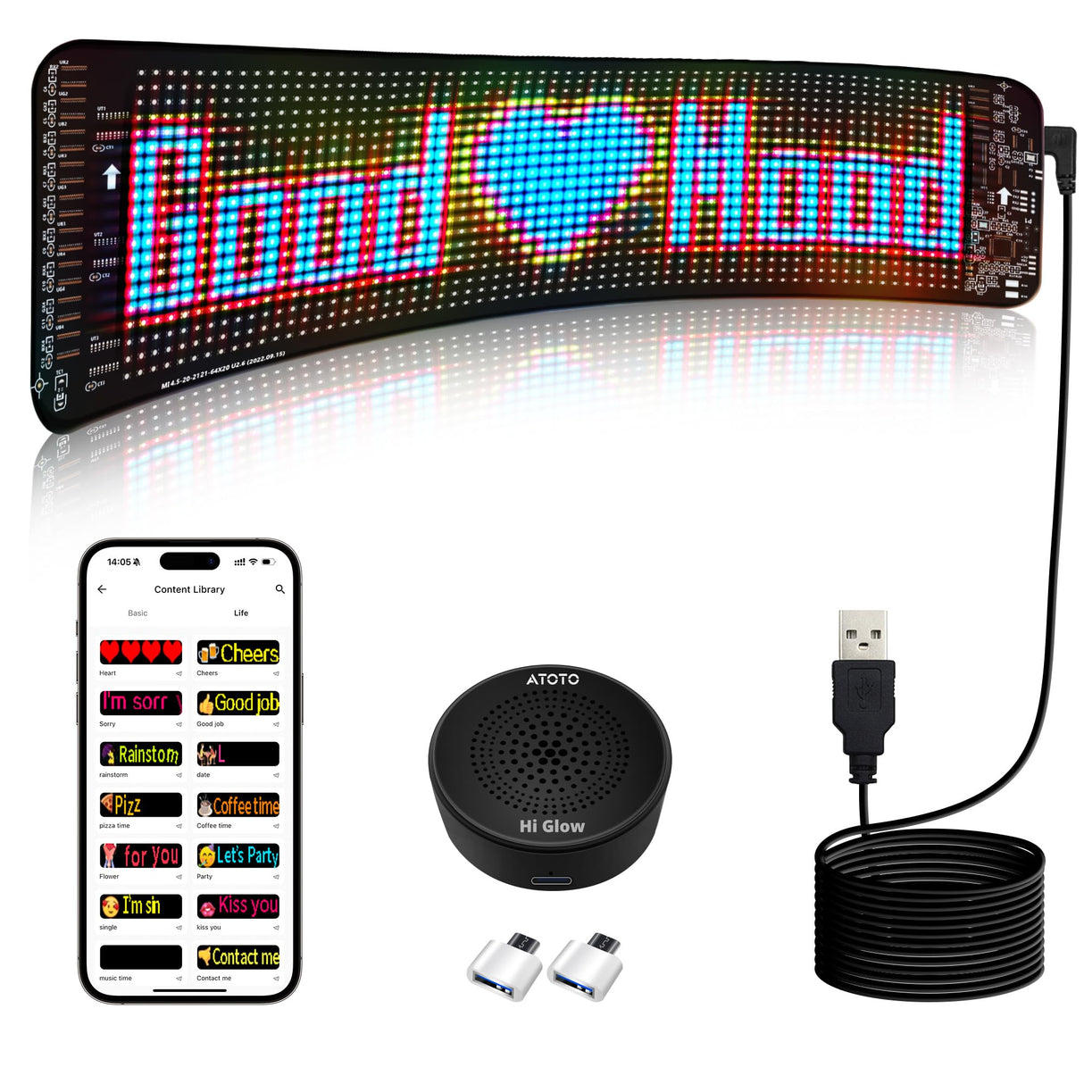 ATOTO CI-VIALD19 19.4" x 4.3" Programmable LED Car Sign – Flexible USB 5V Display, AI Voice & App Control, Custom Text & Animation, Scrolling Digital Sign for Car Window