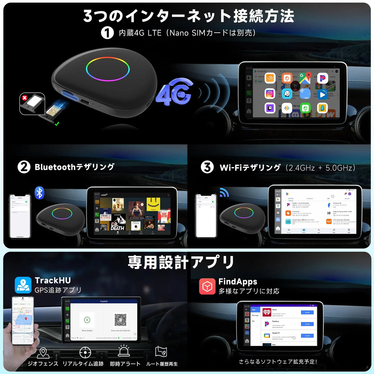 ATOTO CB6D ワイヤレスアダプター CarPlay AI Box「Magic Box」8GB+128GBモデル、ワイヤレスCarPlay・Android Auto・Android 13搭載、YouTube・Netflix・Spotify動画対応、4G LTE内蔵・Wi-Fi・デュアルBluetooth・GPS・AIアシスタント・Micro SDカード対応・ブラック