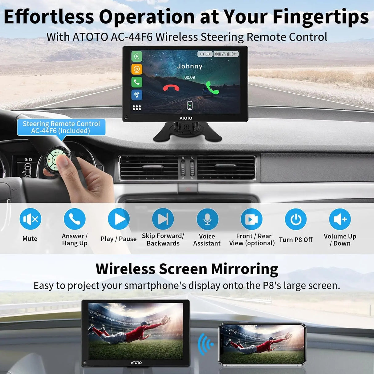 ATOTO P8 GPS Pour Voiture 7" - Android Auto/CarPlay Sans Fil, Double Caméra 1080P, WDR, Variateur Auto, Charge Rapide