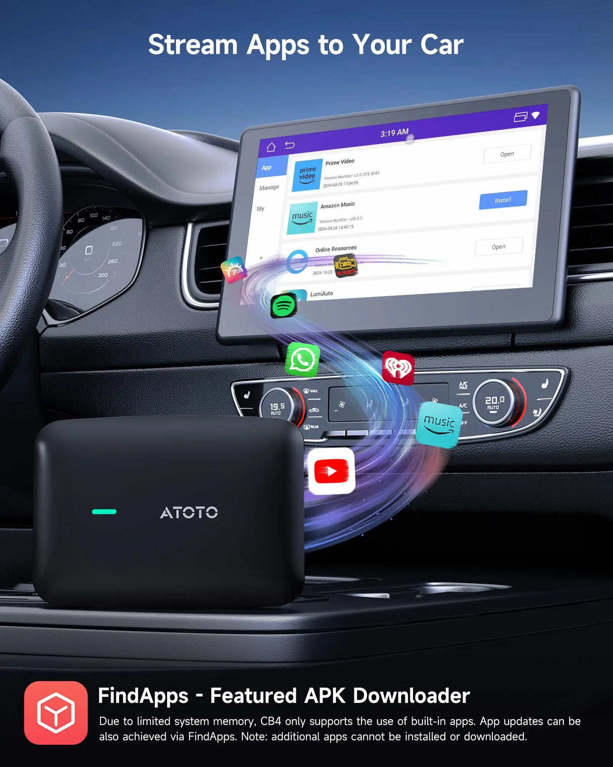 ATOTO CB4B Upgraded Wireless CarPlay Adapter & Android AI Box with OBD2 Scanner, Plug & Play Car Smart Box, AI DriveChat, Dual WiFi, OTA, 4G+32G