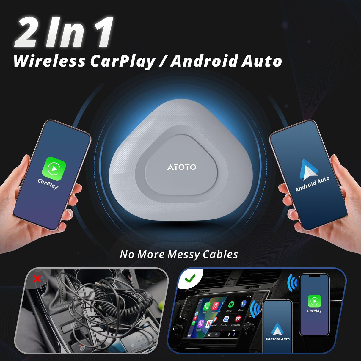 ATOTO AD3 Wireless CarPlay & Android Auto Adapter, Convert Wired to Wireless for iPhone & Android, Plug and Play, Auto Reconnect, Voice Commands, 18-Month Care (iOS 10+ Android 11+)