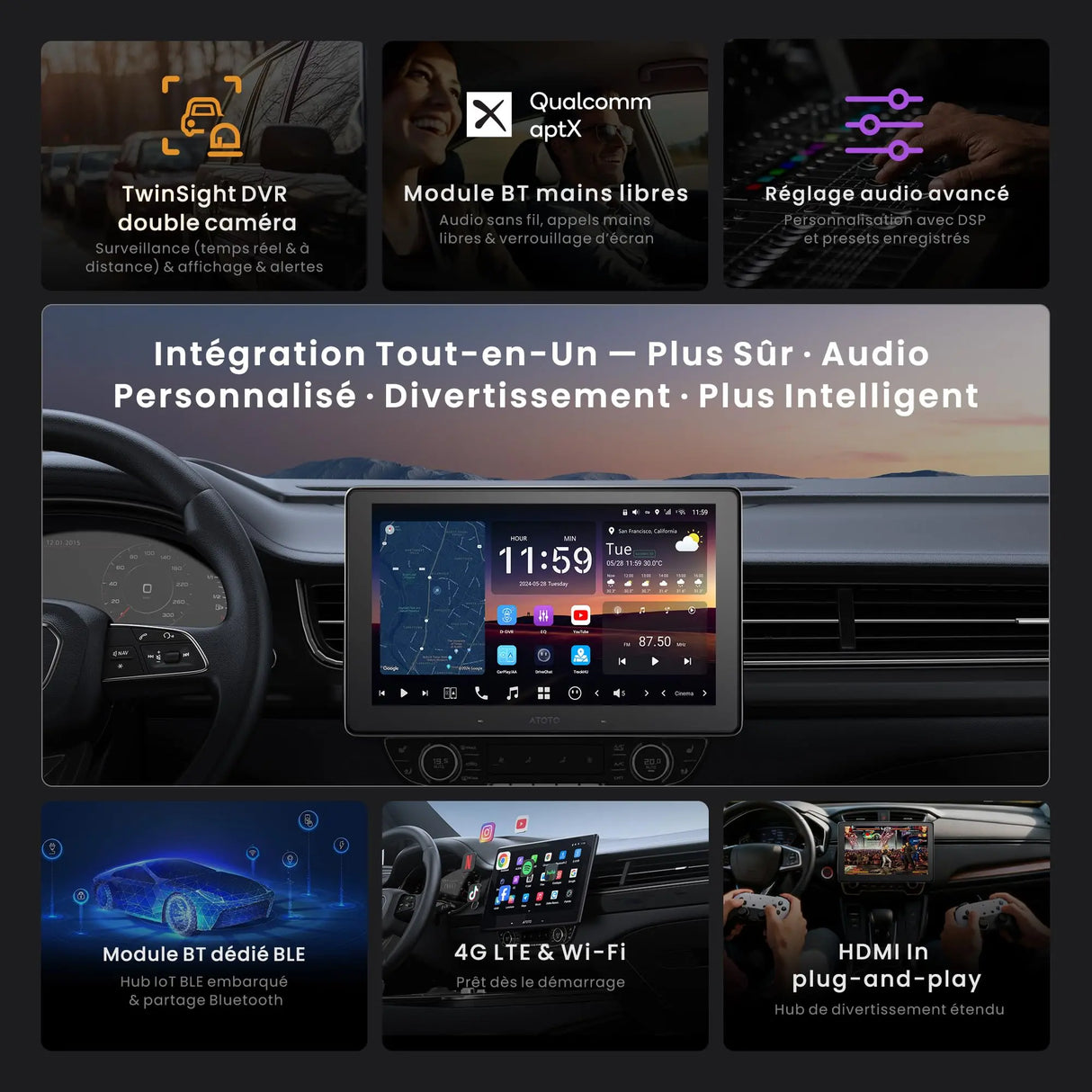 ATOTO X10G209E Autoradio Double Din 9 Pulgadas X10 – Entrada Cámara Delante y Detrás 1080P, Pantalla Táctil QLED, 8GB+128GB, CarPlay Inalámbrico, Android Auto, 4G LTE, Wi-Fi, Bluetooth, DSP, AMP, Subwoofer, GPS