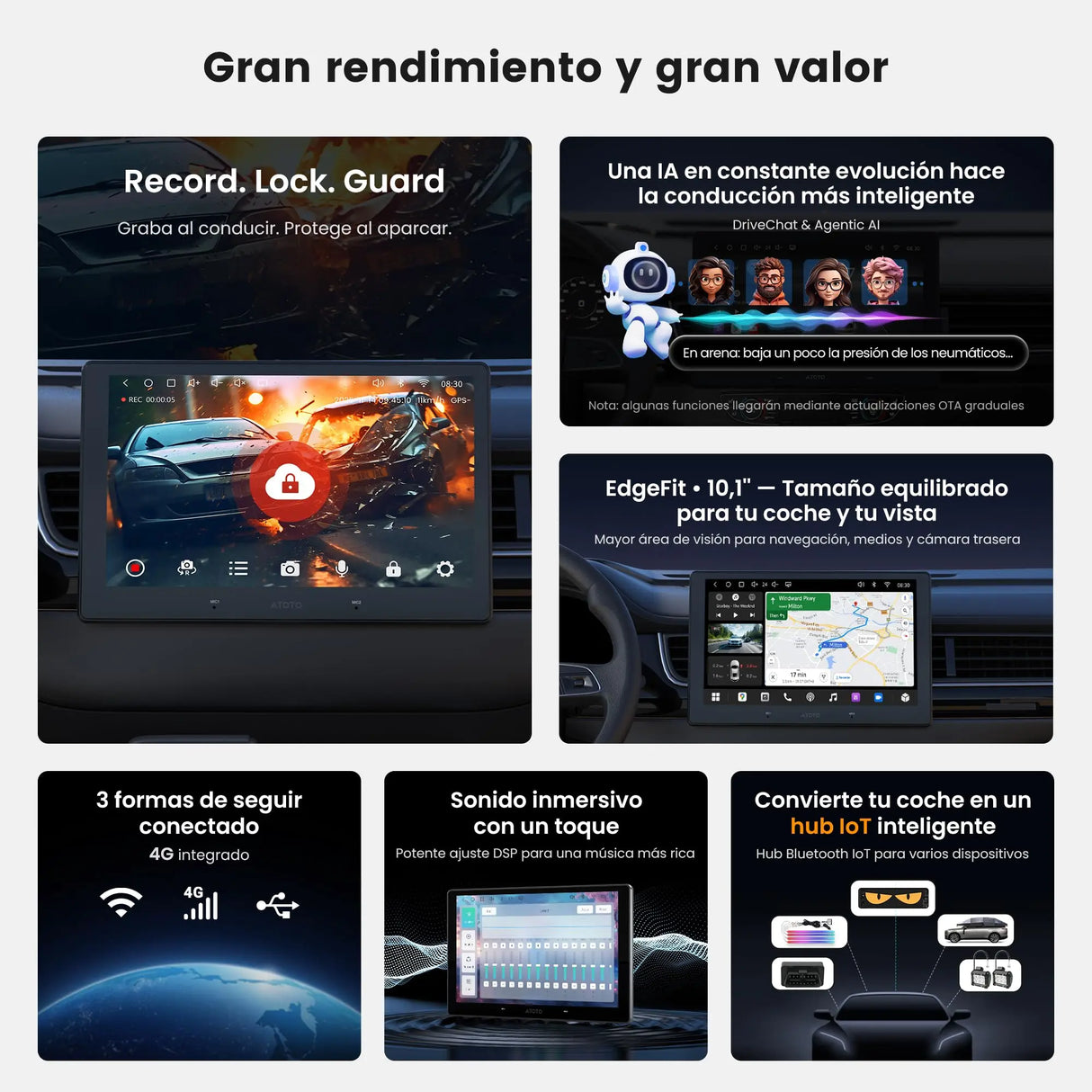 ATOTO S84G211P-S01 10.1 Pulgadas QLED Android Radio de Coche Doble DIN, CarPlay y Android Auto inalámbricos, 4G LTE, WiFi/USB-Tethering, Hi-Fi DSP con pre-Salida de 4V, con cámara de reversa, 4G+64G