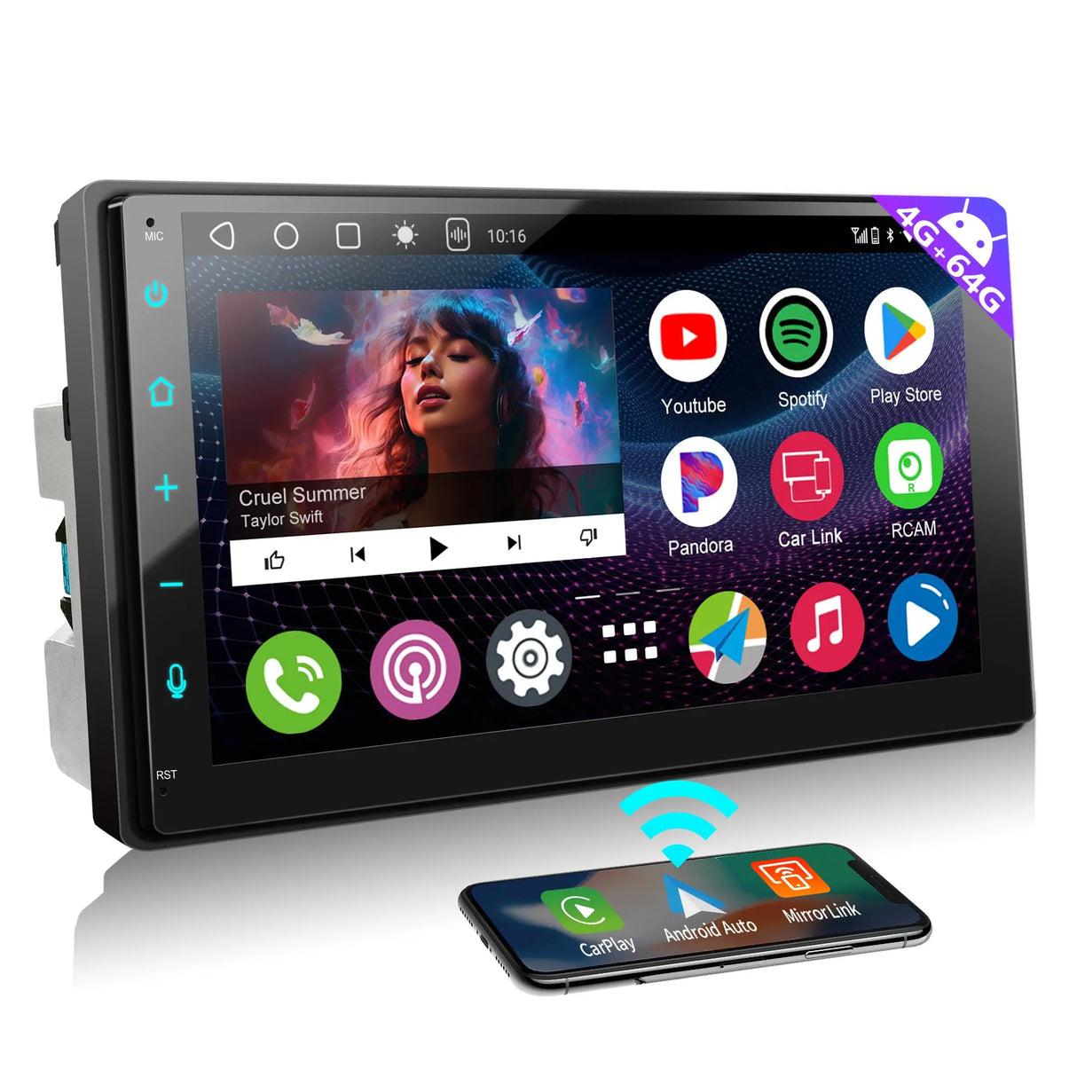 ATOTO A6G2B7PL 2-DIN-Android-Autoradio, 7-Zoll-QLED-Touchscreen, 4G LTE und WLAN, 8-Core-CPU, 4 GB + 64 GB, kabelloses CarPlay und Android Auto, DAB +/FM/RDS, DSP, Bluetooth
