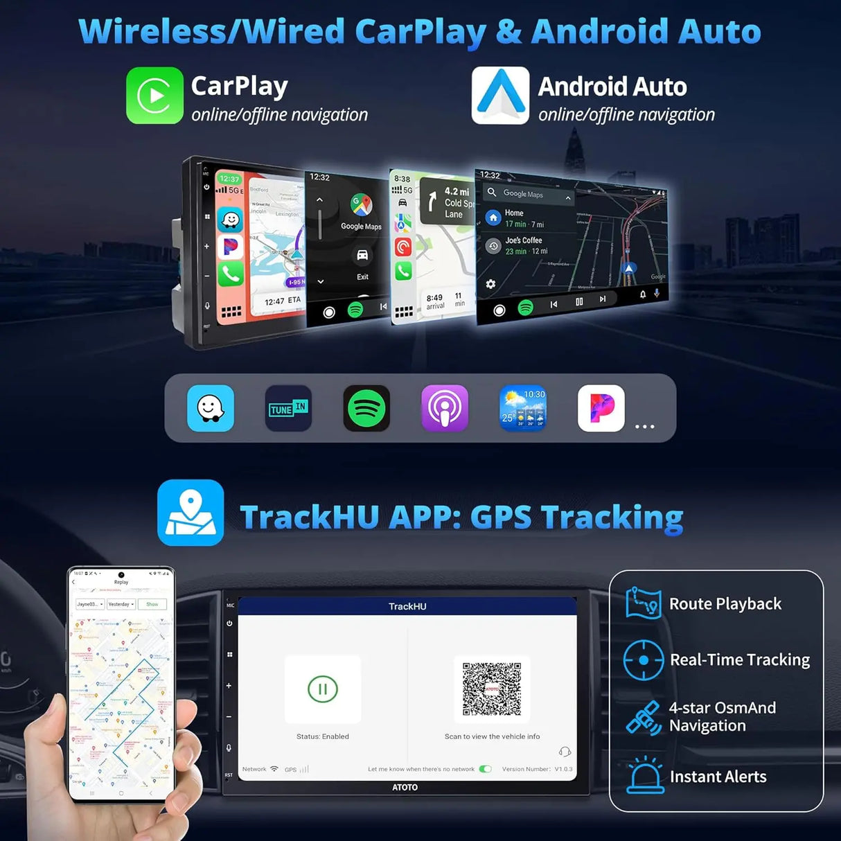 ATOTO A6G2C7PF 7" Double Din Car Stereo, Backup Camera, 8-Core 2+32G, Fully Laminated QLED Touchscreen, DAB Radio, Wireless CarPlay & Android Auto, MirrorLink, LRV, GPS, WiFi, Bluetooth, USB