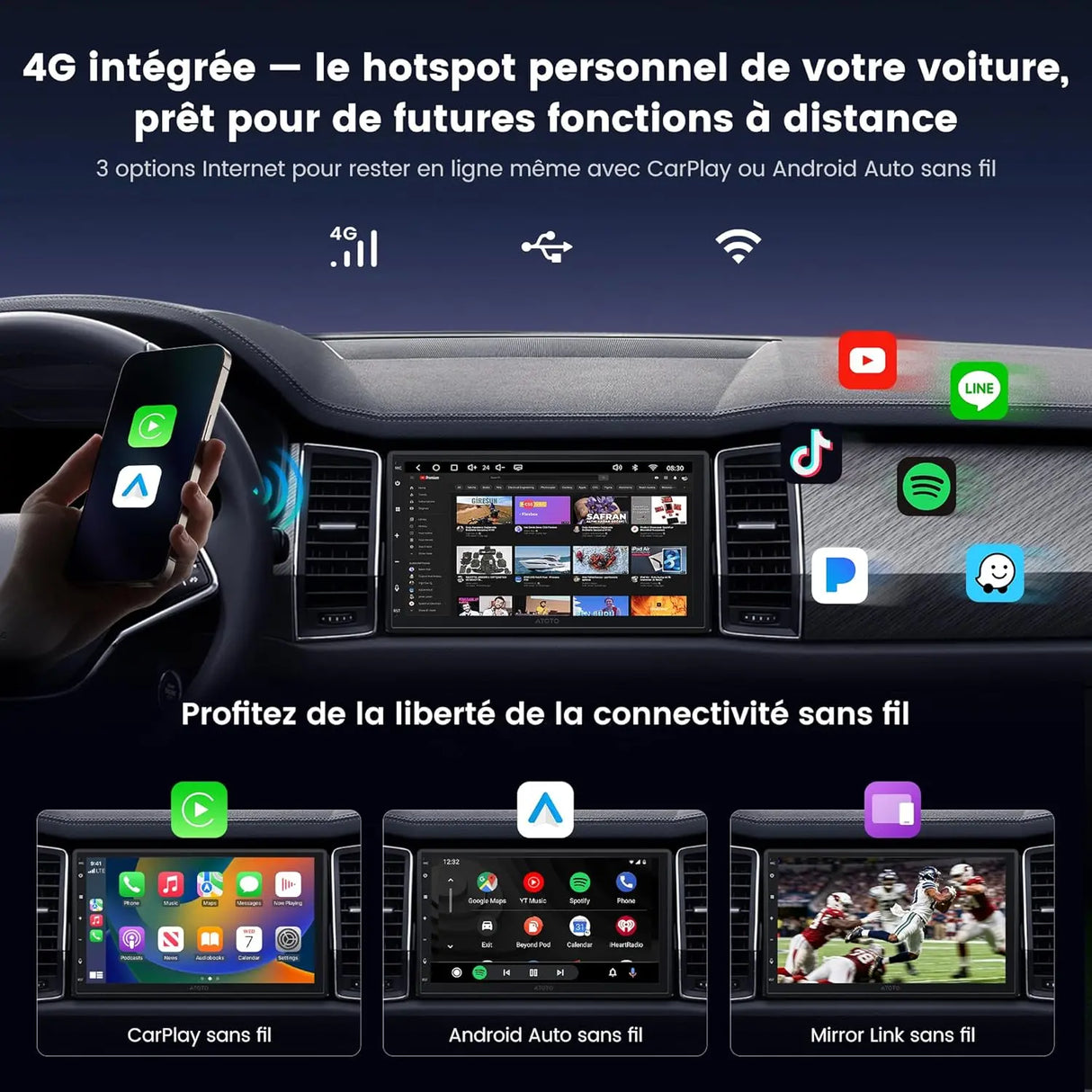 ATOTO A7G2B7PKL-S04 7" QLED Autoradio 2 DIN Android, 4G LTE/WiFi, CarPlay & Android Auto sans fil, DSP HiFi 4V avec Sortie Optique/Coaxiale, GPS Tracking, IA DriveChat, OBD2 Inclus
