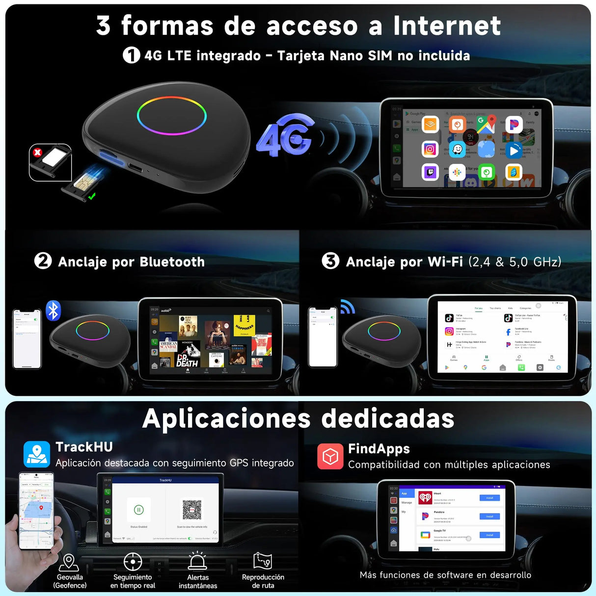 ATOTO CB6 Dongle WIFI para Coche, CarPlay IA Box, 8GB+128GB Dispositivo de Streaming con 4G, Doble Bluetooth, USB, GPS Integrado, Asistente IA, Expansión microSD, OTA