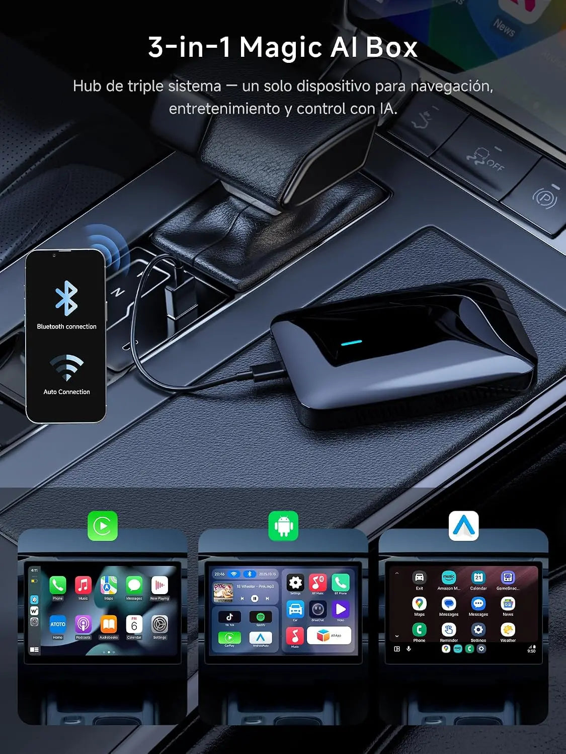ATOTO CB4B Dongle WIFI – Dual Bluetooth, Tarjeta TF 128GB, 4G+32G, Netflix/YouTube, Adaptador CarPlay Inalámbrico, Android TV Box con AI DriveChat, Negro
