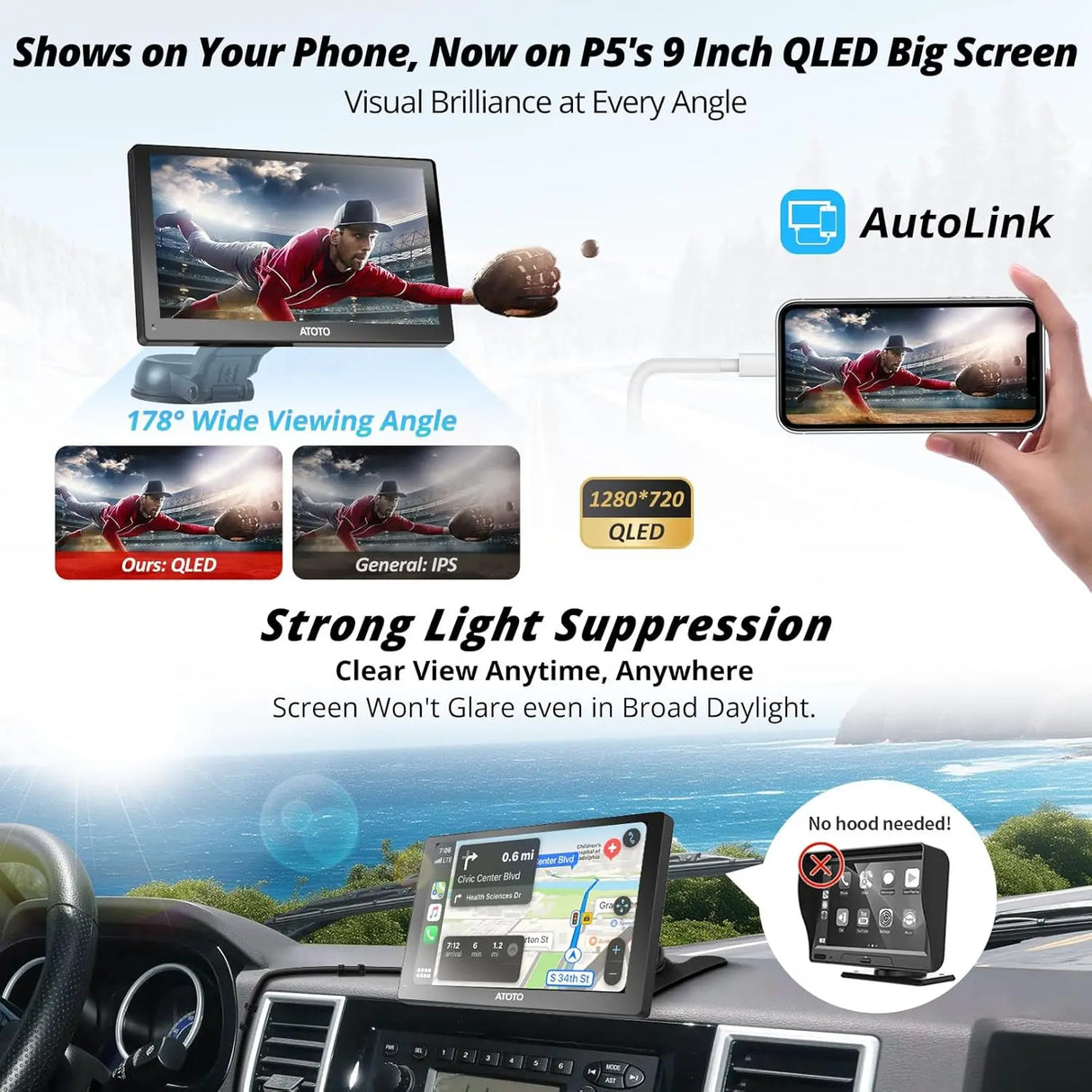 ATOTO P509SD 9'' Portable CarPlay Screen with Dash Cam, 1080p Backup Camera, CarPlay & Wireless Android Auto, Touch Screen,AUX/FM, SWC