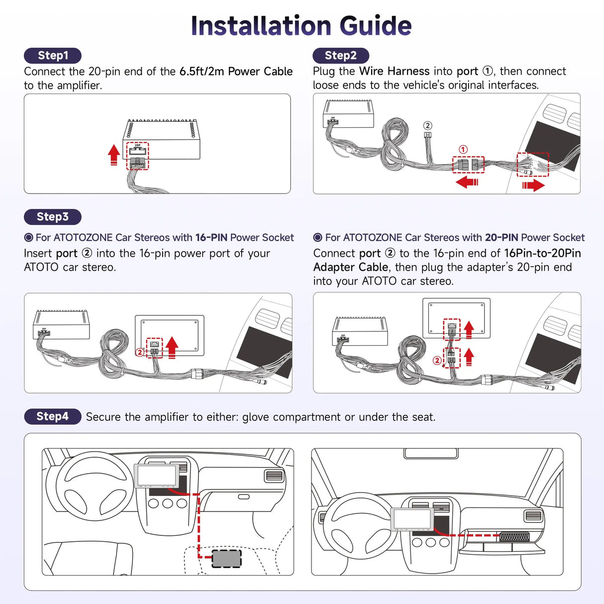 ATOTO CA-AEC122DL Verstärker, automatisch kompatibel, 4 x 60 W RMS, 4 Kanäle, Klasse D TI TPA3221, persönlicher EQ, Stromversorgung 2 m, kompatibel mit ATOTO Stereo