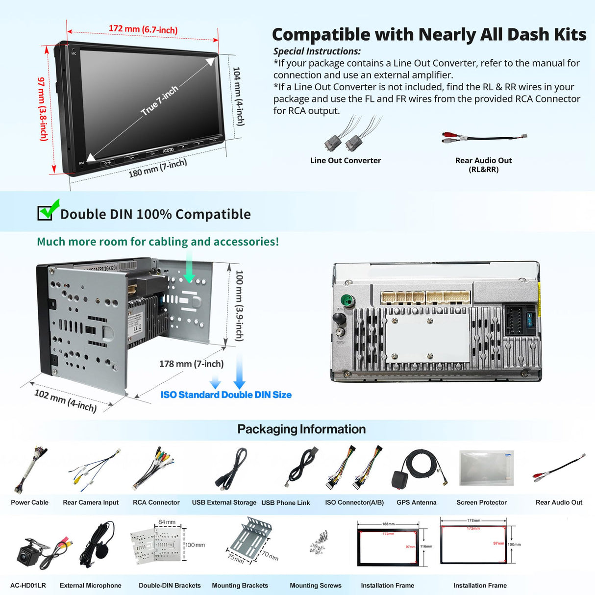 ATOTO A6G2A7PF 7" Double DIN Car Stereo – Touchscreen, Dual Bluetooth, 2G+32G, Wireless CarPlay & Android Auto, DAB+ Ready, MirrorLink, WiFi/BT/USB Tethering, HD LRV