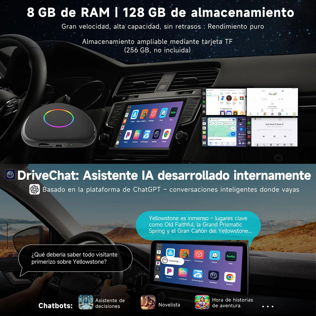 ATOTO CB6 Dongle WIFI para Coche, CarPlay IA Box, 8GB+128GB Dispositivo de Streaming con 4G, Doble Bluetooth, USB, GPS Integrado, Asistente IA, Expansión microSD, OTA