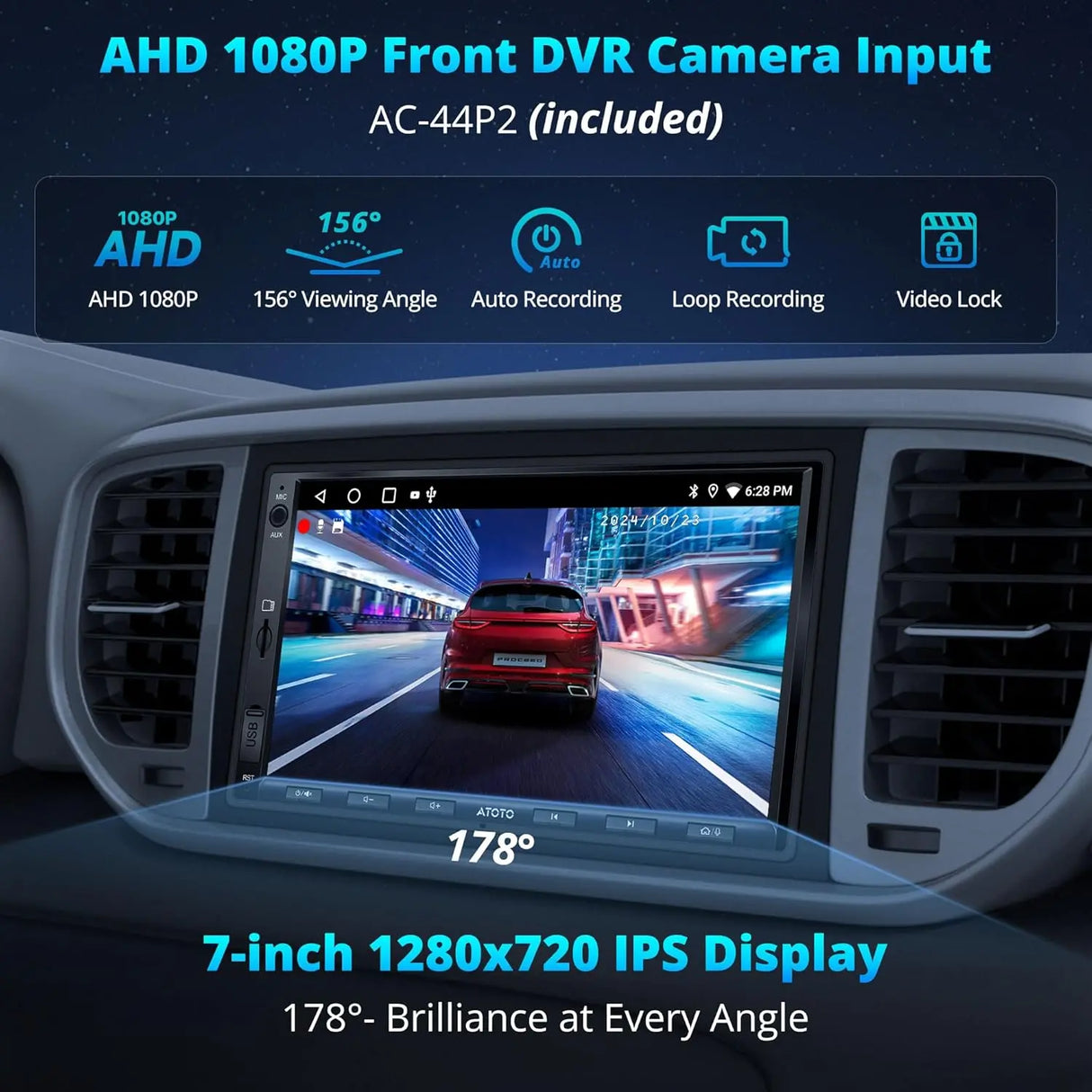 ATOTO A5LG2A7T 7" Android Double Din Car Stereo with Front DVR Cam, Touchscreen, Wireless 24-Band EQ, WiFi/BT/USB Tethering, FM/AM, 2+32G