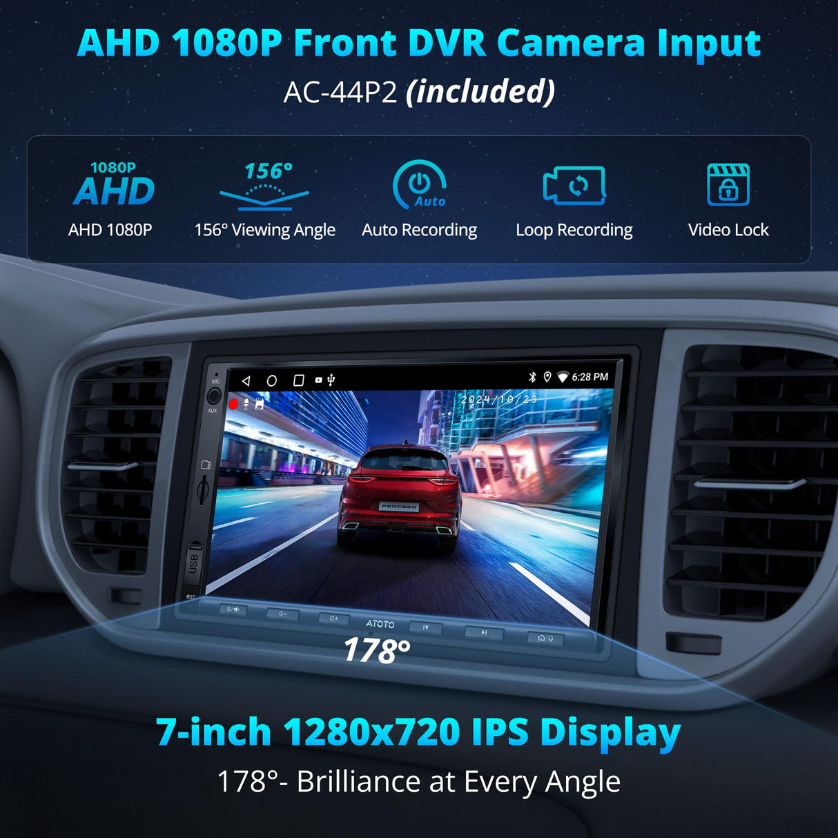 ATOTO A5LG2A7T Autoradio 2 DIN 7 Pouces avec Caméra Frontale DVR 1080P, Android, Wireless CarPlay & Android Auto sans fil, 2+32G, Égaliseur 24 bandes, Tethering WiFi/BT, FM/AM