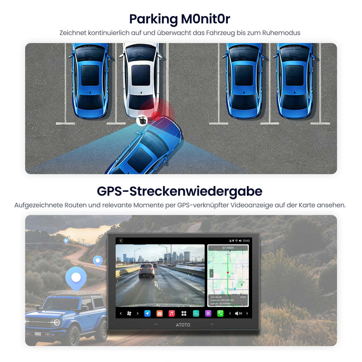ATOTOEXCEL AHD 1080p Rückfahrkamera mit 30fps, 134° Weitwinkel, Starlight-Nachtsicht, IP67 Wasserdicht, G-Sensor, Parkmodus, Loopaufnahme, Nur Kompatibel mit Der V10-Serie, AC-HN9RRV3