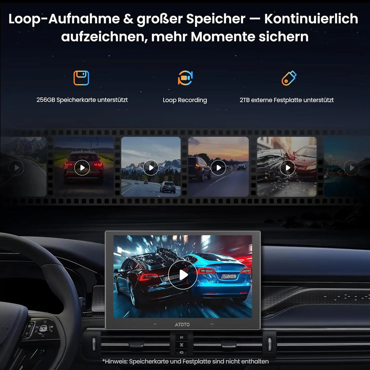 ATOTO AC-HN9FR Front Dashcam AHD 1080p, 30fps, Starlight Nachtsicht, WDR, 136° Weitwinkel, G-Sensor, Parkmodus, Schleifenaufnahme, GPS-Track Wiedergabe, V10-Serie