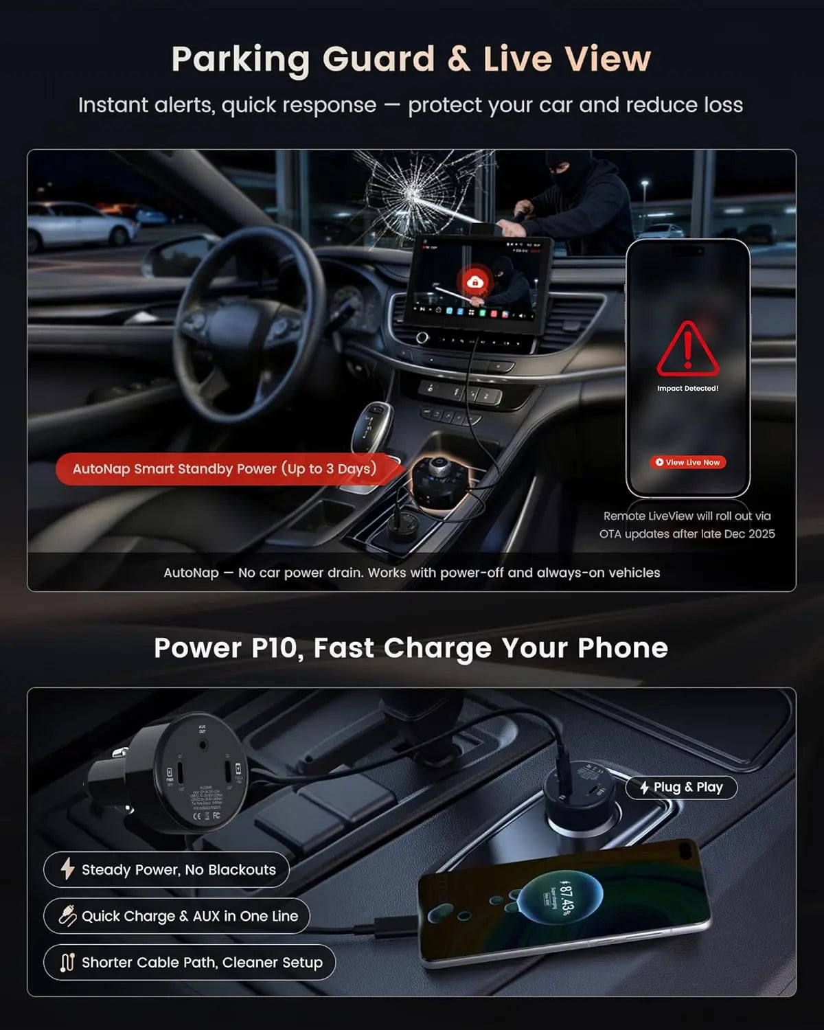 ATOTO P1009M2M 9" QLED CarPlay Screen for Car, Wireless CarPlay & Android Auto, 8GB+128GB, 4G LTE/WiFi/BT/USB, AI GPS, Front & Cabin DVR Dash Cam, Parking Monitor, OTA