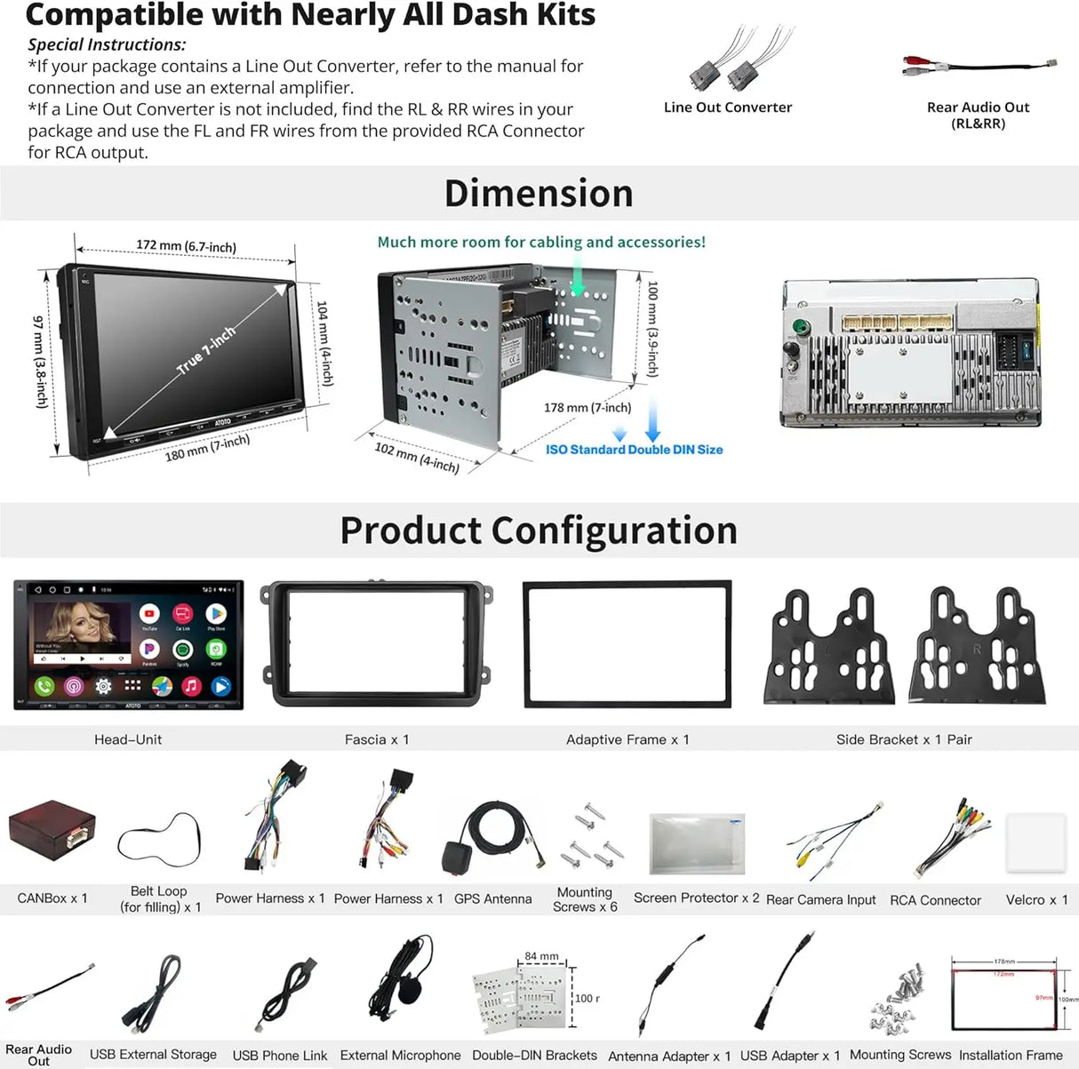 ATOTO A6VW07APF 7" Double Din Car Stereo, Wireless CarPlay & Android Auto, Dual Bluetooth, HD LRV, 2G+32G, Compatible with VW Volkswagen/Golf/Polo/Tiguan/Passat