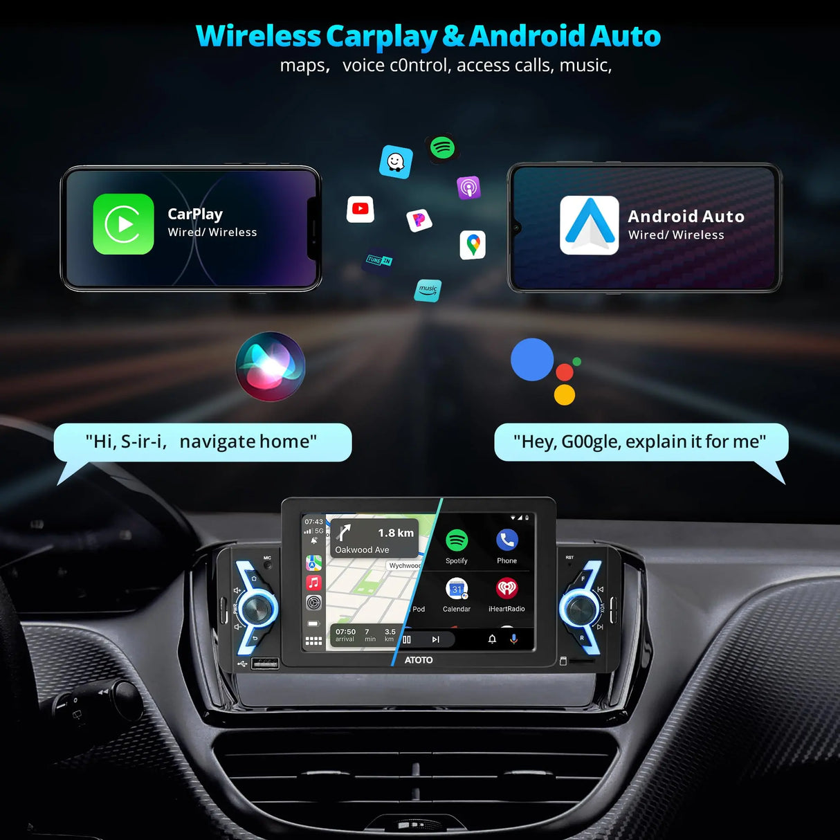 ATOTO F7WE 5 Zoll Autoradio 1din, Wireless CarPlay & kabelloses Android Auto, MirrorLink, Autoradio Bluetooth 5.3 mit Touchscreen, FM/AM/RDS, Sprachsteuerung, Live-Rückansicht, F7G1A5WE