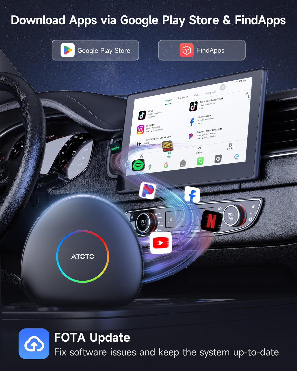 ATOTO CB6C Wireless CarPlay Adapter, CarWave Car Smart Box, Android 13, 4G LTE, 4+64G, GPS Tracking, AI DriveChat, Android Auto, Plug & Play, Black