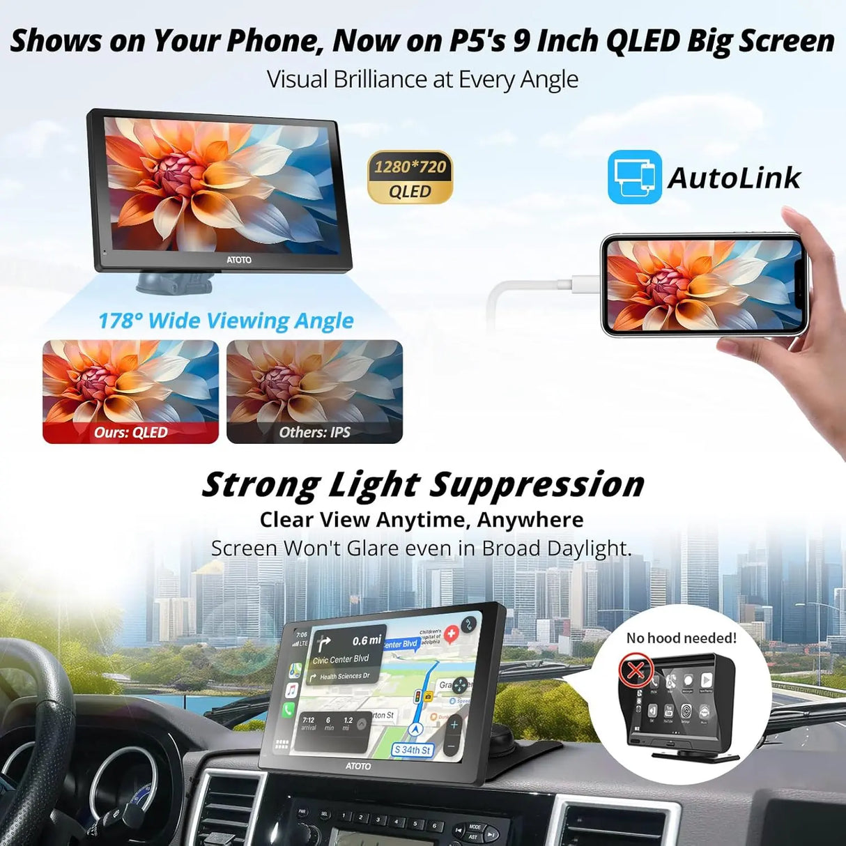 ATOTO P5 9" GPS für Auto – 1080P-Telekamera, QLED-Touchscreen 1028x720, CarPlay Senza Fili, Android Auto Senza Fili, Mirror Link, FM, AUX, tragbares Autoradio