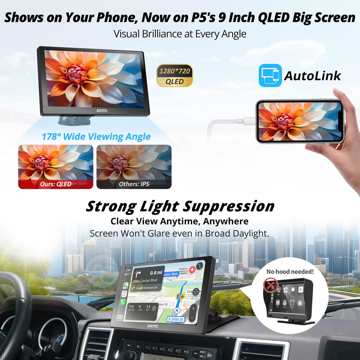 ATOTO P509SD 9″ QLED Portable CarPlay Screen with 1080P Backup Camera & Remote Control, Wireless CarPlay & Android Auto, GPS Navigation, MirrorLink & AUX/FM Output