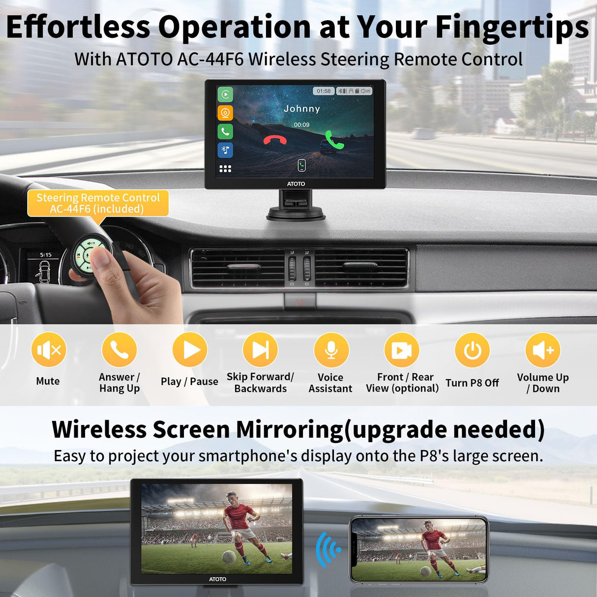 ATOTO P807PR Wireless CarPlay Screen for Car, 7 inch Portable Car Stereo with Android Auto, 1080P Dual Recording Cameras, Remote Control, WDR & Auto Dimmer, Support Up to 128G SD