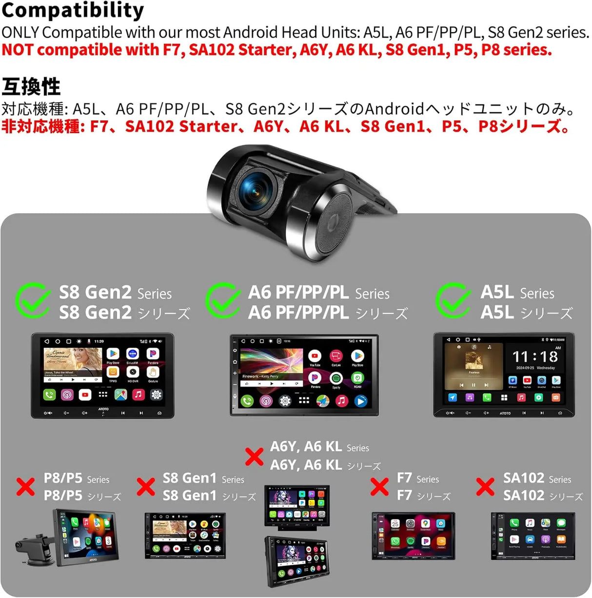 ATOTO AC-44P2 1080P USB DVR On-Dash Kamera-Videoaufnahme am Kameraende -Sony Sensor für hochwertige Bilder-Kompatibel mit der ATOTO A5/A6/S8/X10/P9 Serie. Nicht kompatibel mit der F7 und der P8 Serie