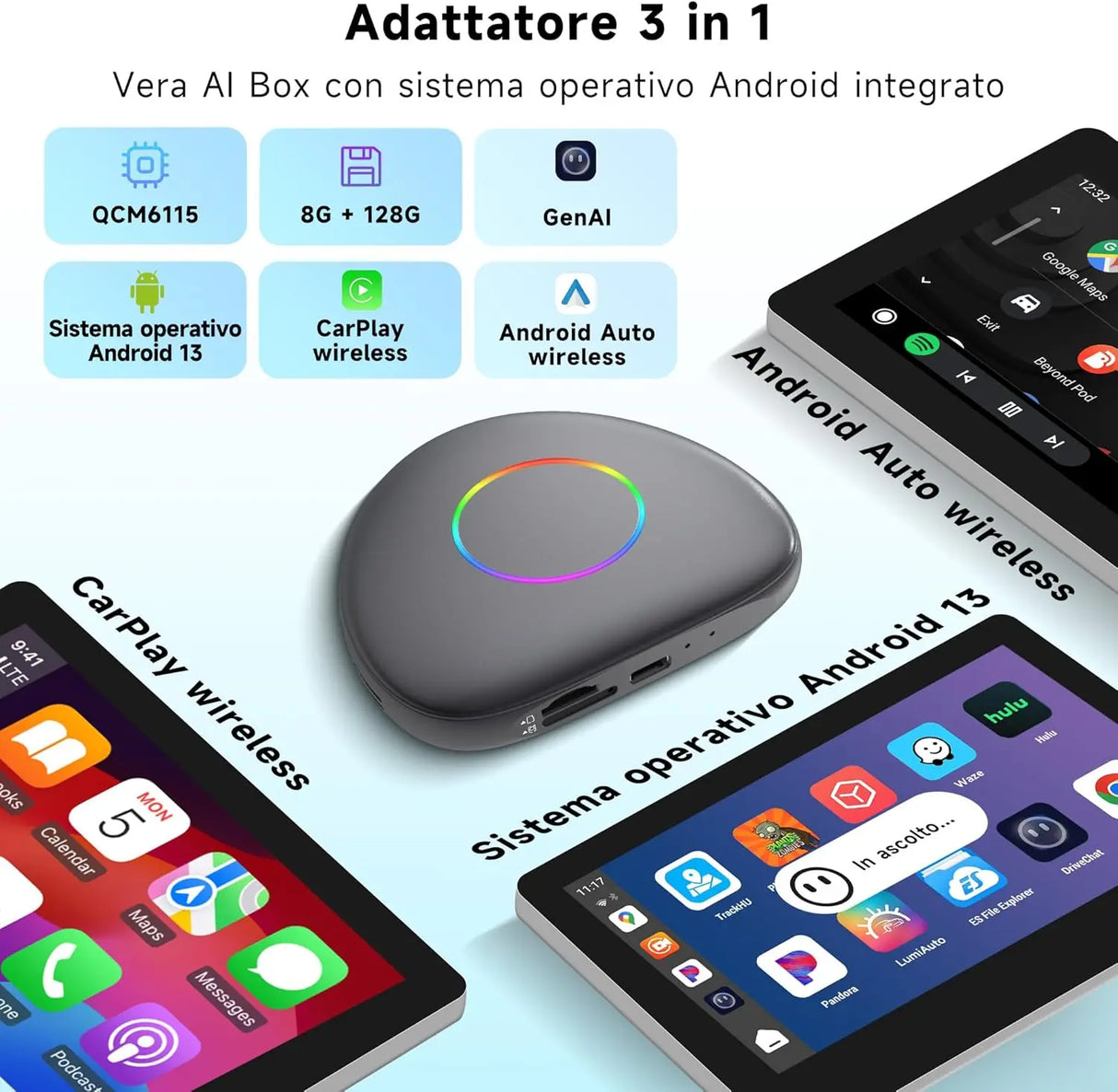 ATOTO CB6 Adaptateur CarPlay Sans Fil avec Mini OBD II – Boîtier CarPlay IA, 8 Go+128 Go Boîtier Streaming Voiture avec 4G, Double Bluetooth, USB, GPS Intégré, Assistant IA, microSD, OTA