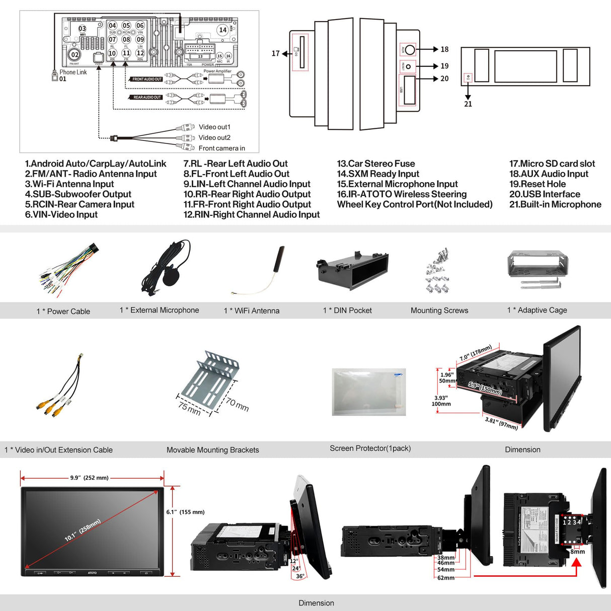 ATOTO F7G110XE 10" Double Din & Single Din Car Stereo, HD LRV Camera, Wireless CarPlay & Android Auto, Bluetooth, SXM, Mirror Link, Quick Charge, USB/SD up to 2TB Storage