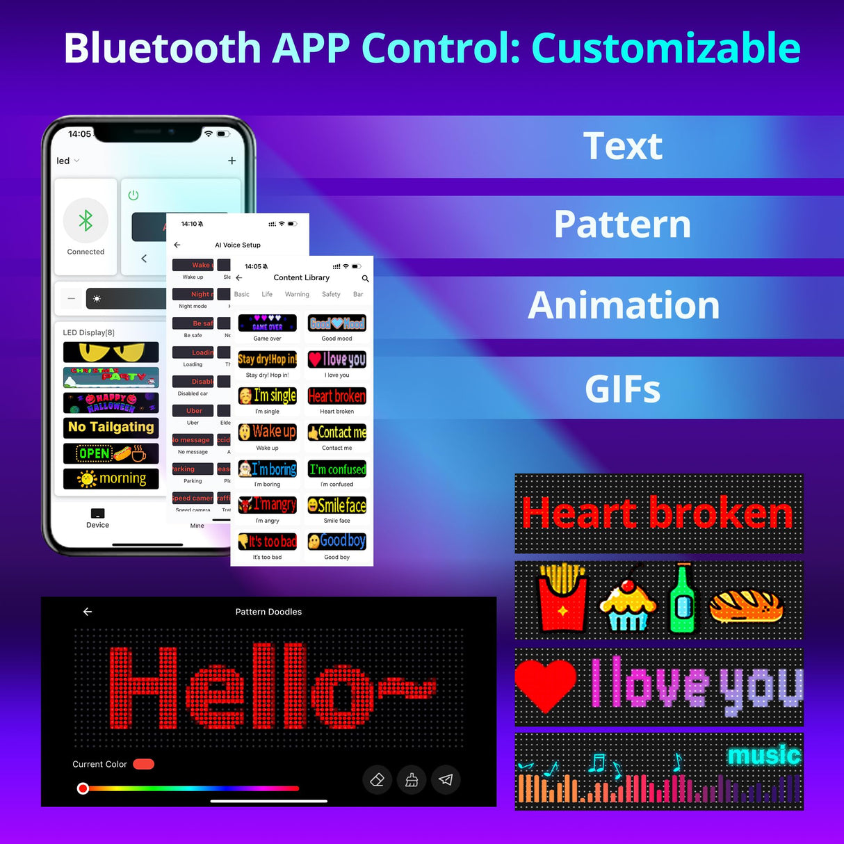 ATOTO CI-VIALD13 13.7" x 4" Programmable LED Sign, Scrolling Advertising Display, AI Voice Control, Bluetooth APP Control