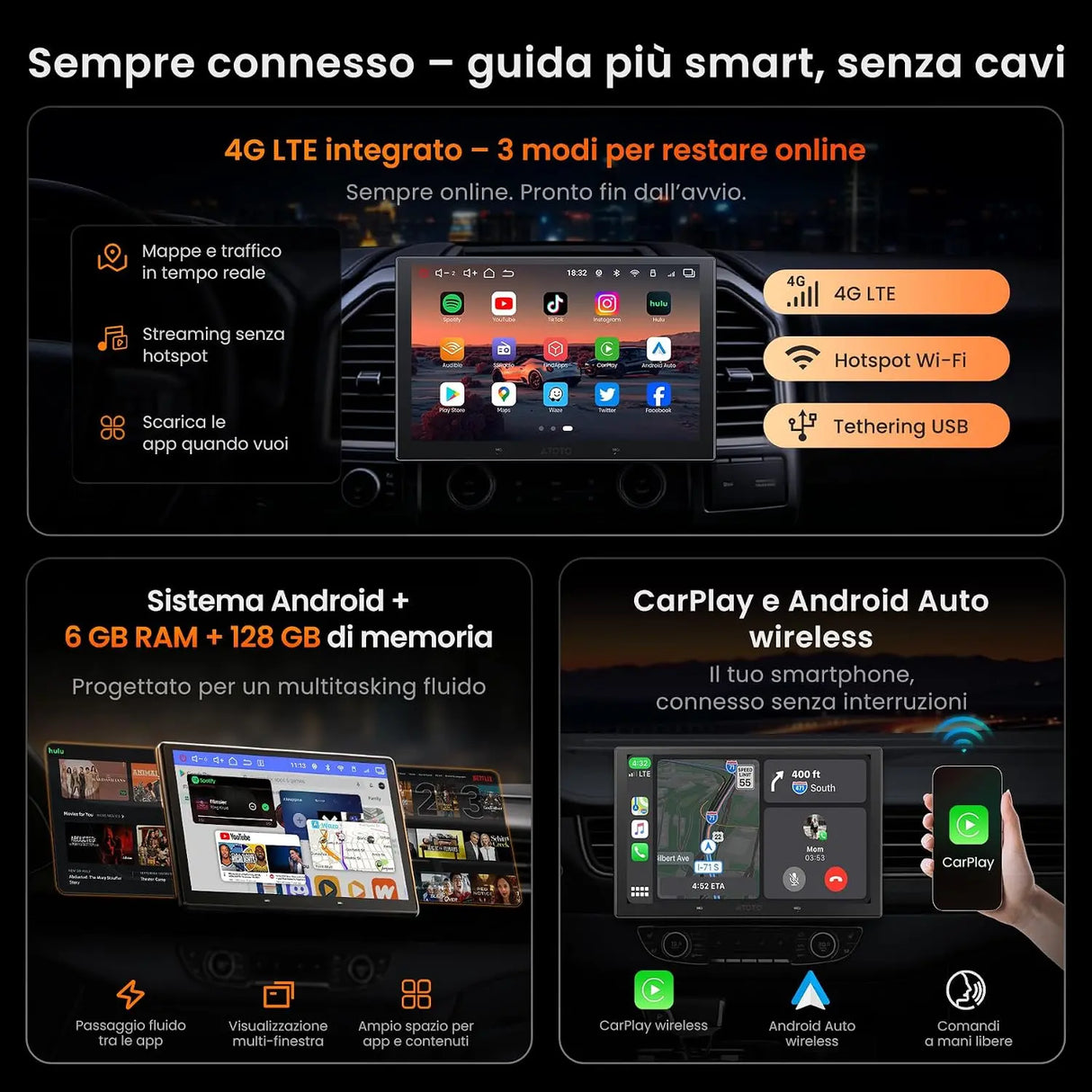 ATOTOEXCEL V10 10.1" 2din e Adattivo 1din Autoradio Android,6G+128G, 4G LTE/Wi-Fi,Karaoke in auto,DVR 4 canali, CarPlay e Android Auto Senza fili,DSP 32B-EQ,BT 5.4, Assistente IA,Tracciamento GPS