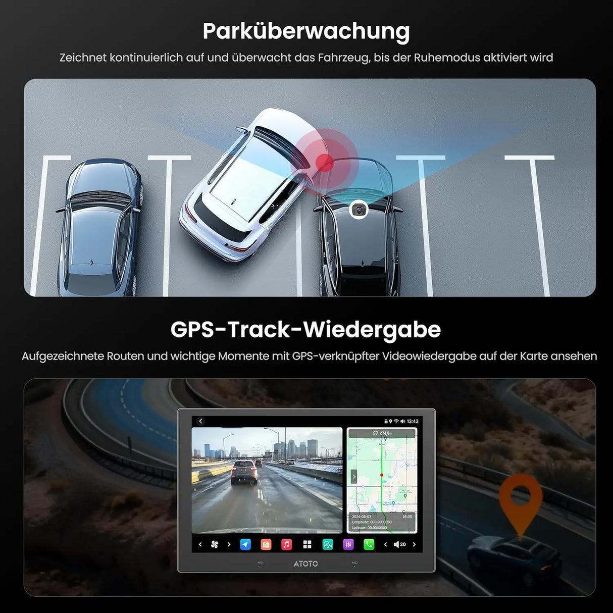 ATOTO AC-HN9FR Front Dashcam AHD 1080p, 30fps, Starlight Nachtsicht, WDR, 136° Weitwinkel, G-Sensor, Parkmodus, Schleifenaufnahme, GPS-Track Wiedergabe, V10-Serie